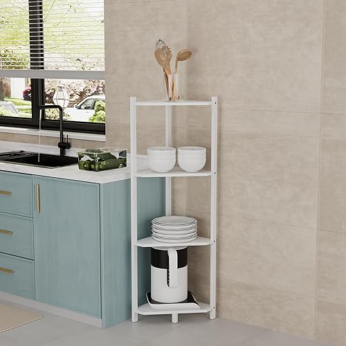 Miniatura 7 de Wisuce Estante esquinero, estantes esquineros de bambú 100% real, estante organizador de almacenamiento para baño, sala de estar, cocina (blanco, 4