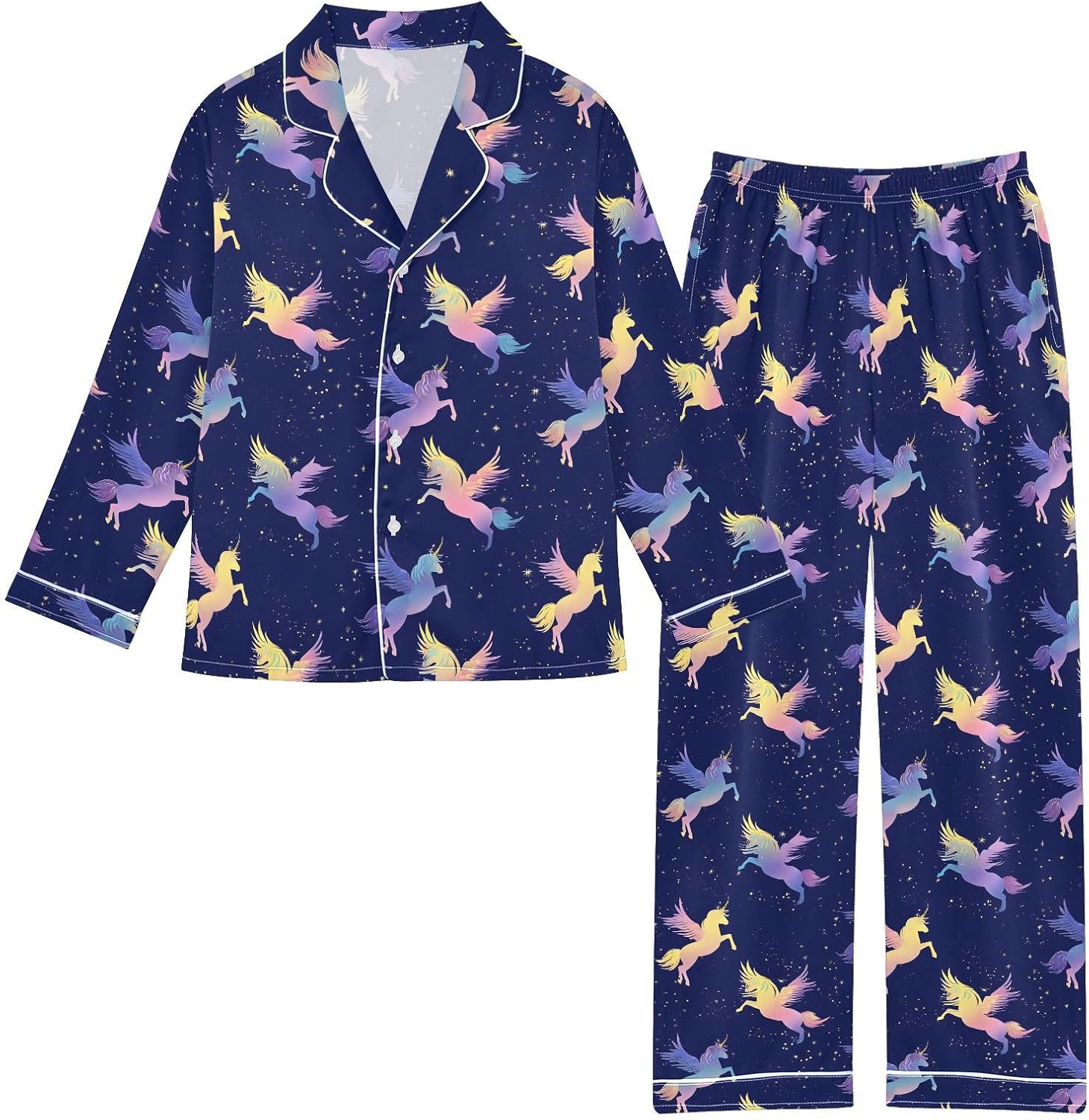 Colorful Unicorn Star Satin Pajama Sets Long Sleeves Nightwear Button Down Sleepwear