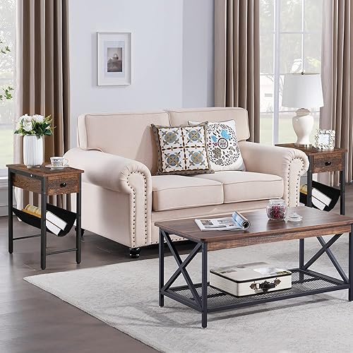 Miniatura 7 de VECELO Mesa auxiliar de extremo alto mesita de noche estrecha con estantes de almacenamiento soporte de noche de 3 niveles para sala de estar