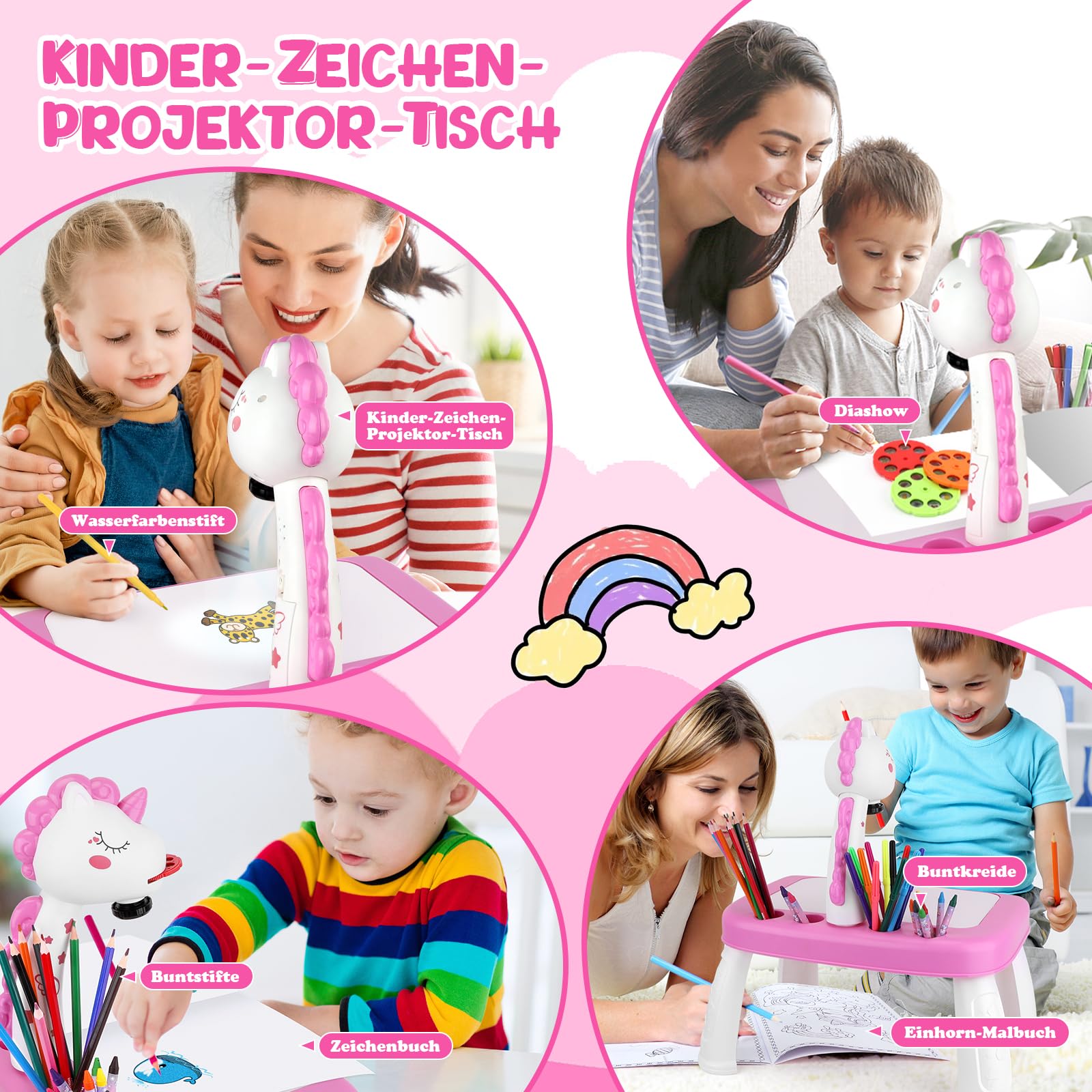 Konijiwa Einhorn Geschenke für Mädchen Zeichenprojektor für Kinder mit 72 Motiven Mädchen Geschenke Spielzeug 3 4 5 6 7 jahre Kinder Projektor mit Buntstiften, Zeichenbuch