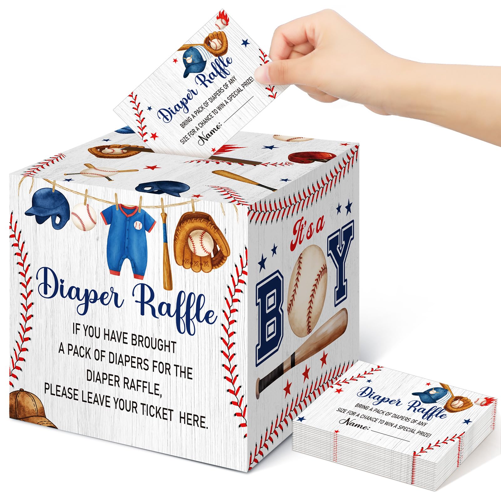 Teling 51 Pieces Diaper Raffle Tickets with Card Box,Baseball, A Little Slugger Is on the Way