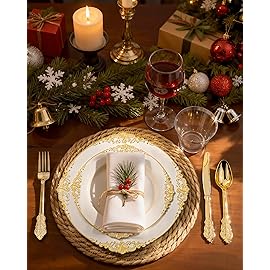 Nervure 350PCS Ivory Plastic Plates - Ivory Gold Plastic Dinnerware Sets for 50 Guests - 100 Gold Disposable Plates, 50 Pre Rolled Silverware Sets, 50 Cups Perfect for Wedding & Thanksgiving