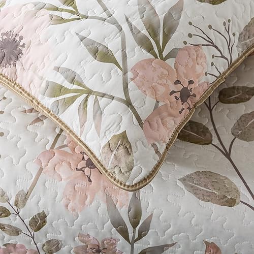 Miniatura 4 de Soul & Lane Botanical Shower - Juego de edredón de 3 piezas, tamaño Queen con 2 fundas, ropa de cama floral azul y blanca con patrón de hojas y