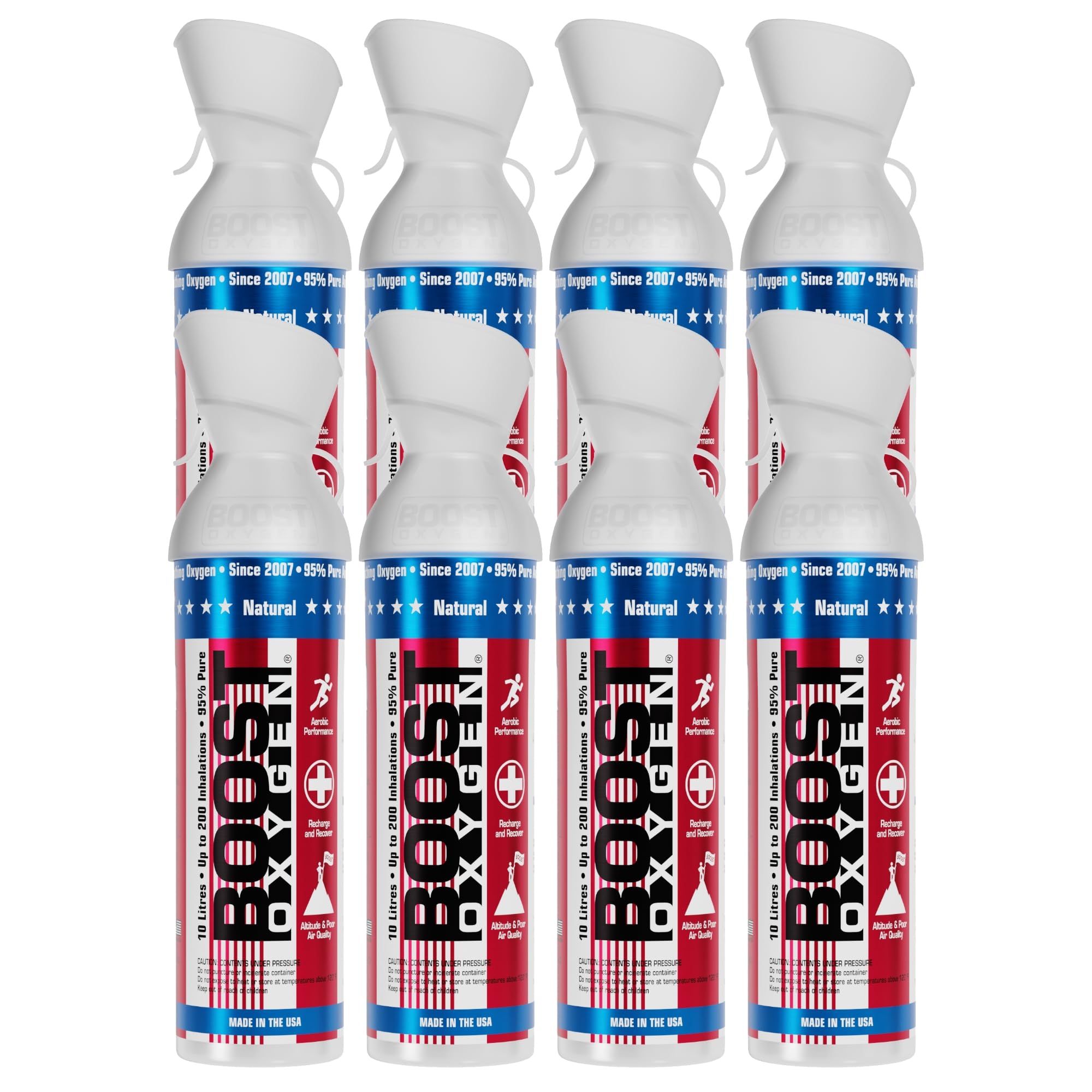 Boost Oxygen Large Natural Stars & Stripes 10L Canister | Respiratory Support for Aerobic Recovery, Altitude, Performance & Health (8 Pack)