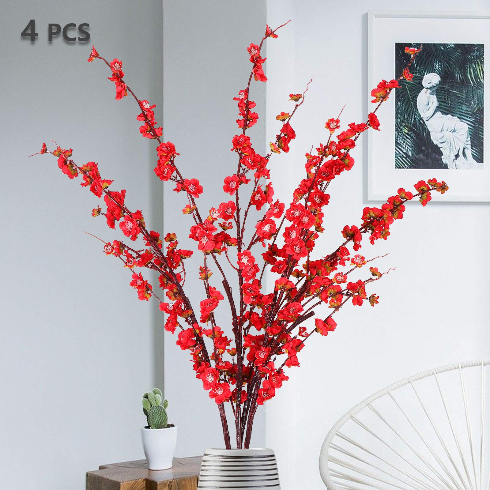 MJFloria Boutique Plum Blossom Artificial Flowers Simulation Flower, 4pcs Silk Plum Blossom Branches 51.2" Tall Stem Fake Peach Cherry Flower Arrangement for Home, Wedding Decoration Red