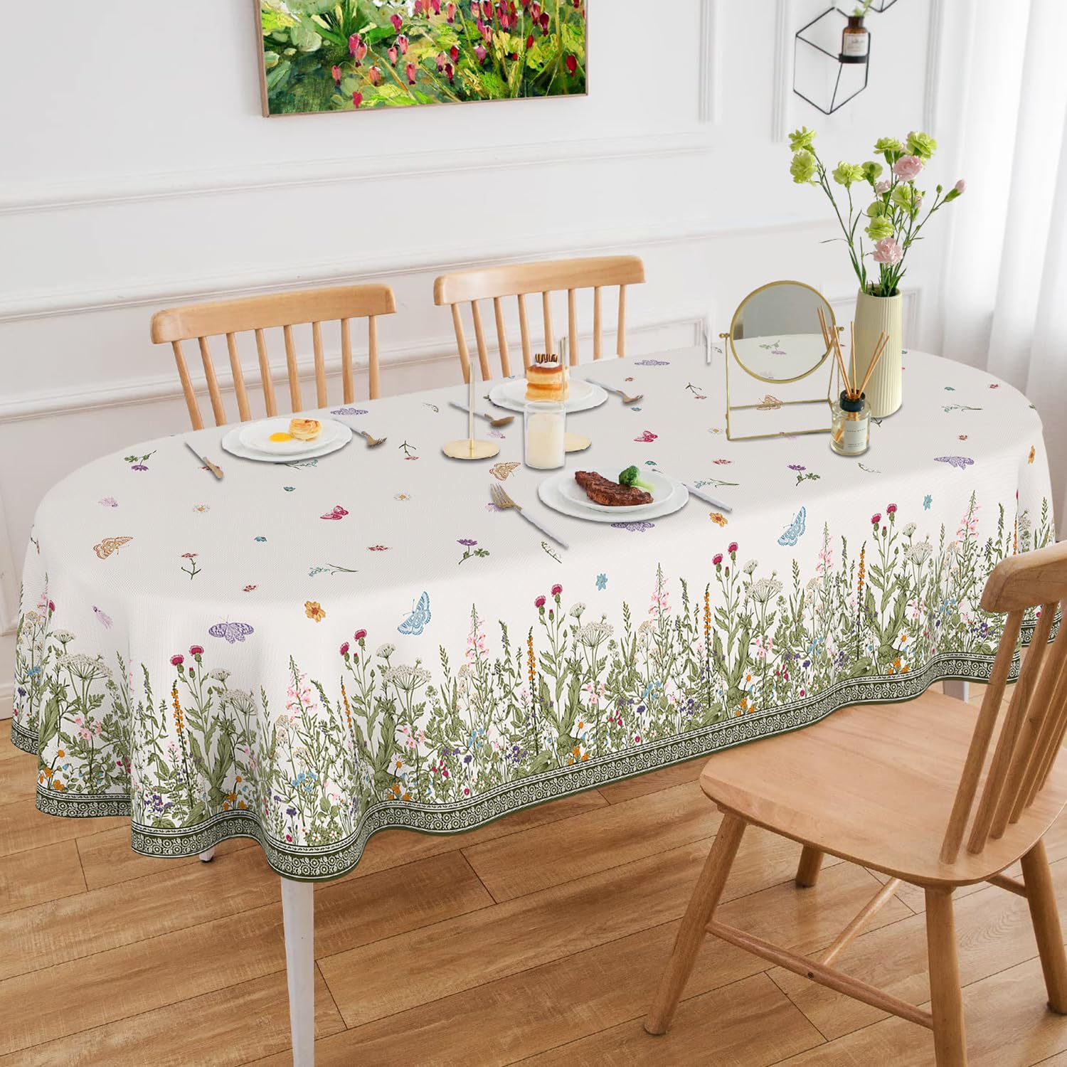 Lookio Chubba Oval Tablecloth 52x70 Inch, Spring Floral Summer Wildflowers Oval Table Cloth, Washable Stain-Resistant Wrinkle-Free Oval Table Cover