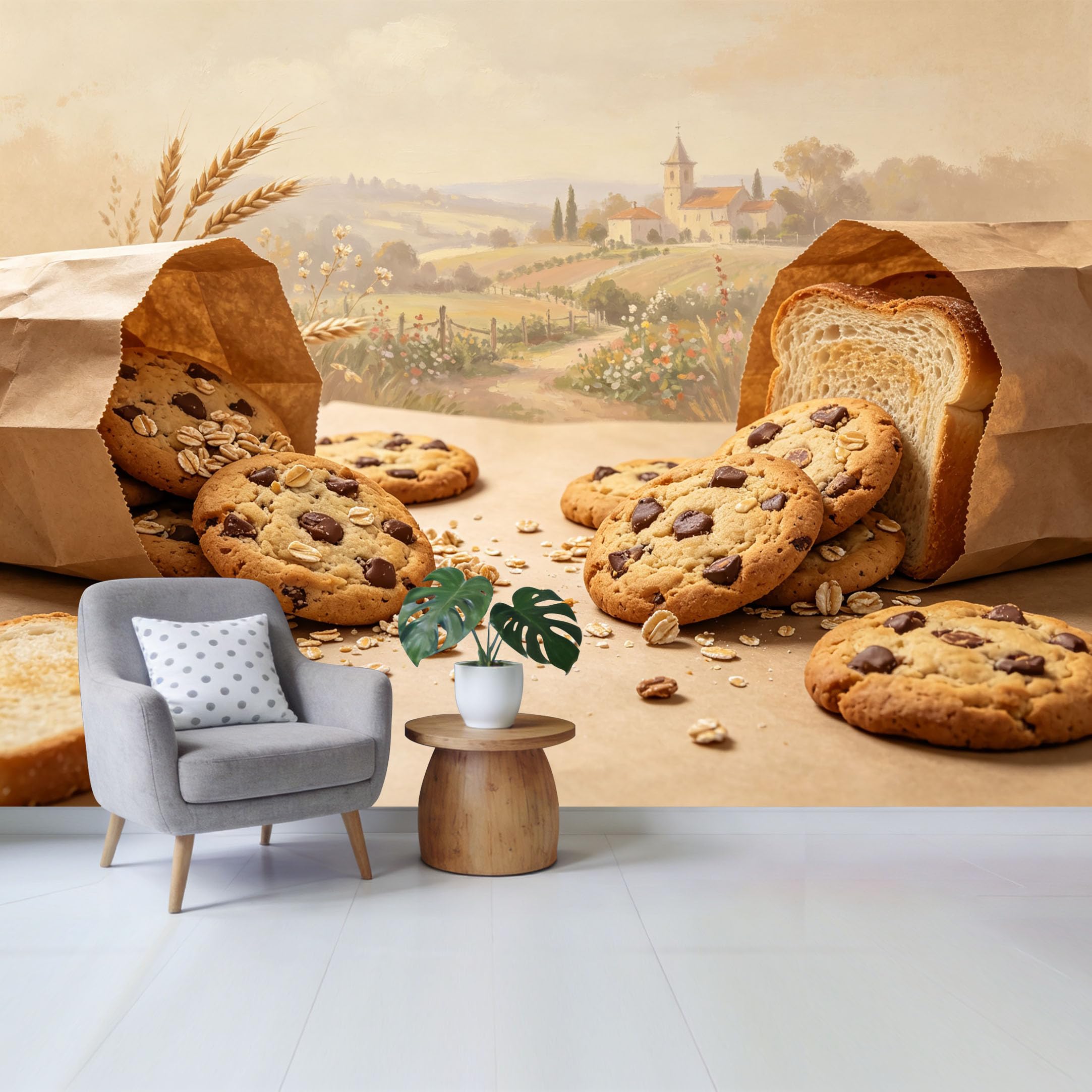 Qzlithotic Yq2605251170 Custom Size Wall Mural Rustic Bakery Chocolate Chip Cookie Wheat Field Farmhouse Oil Painting Selfadhesive Wall Fabric Removable Wallpaper For Home Office Decor