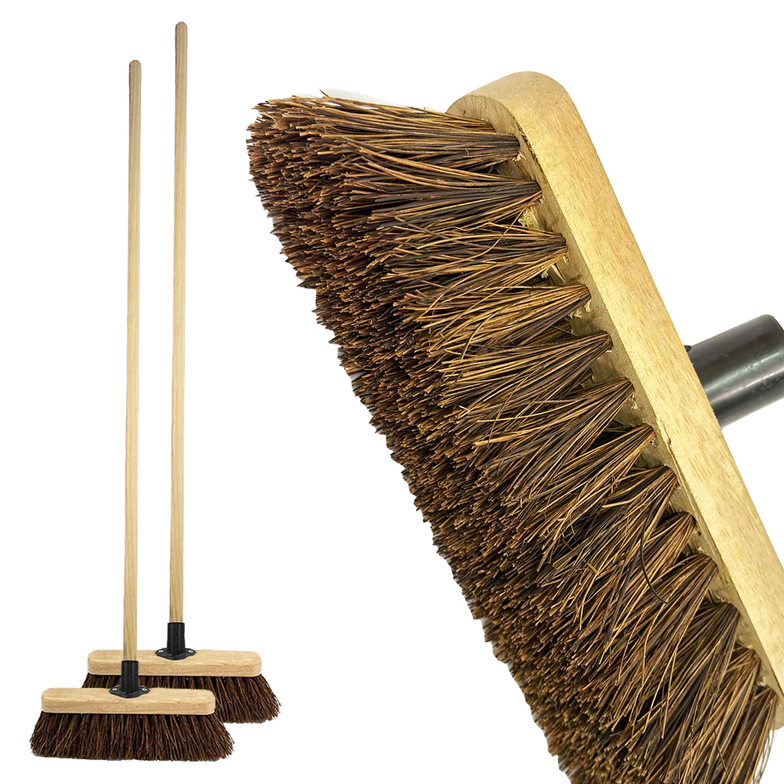 LSC 10” Broom Outdoor Yard Broom Stiff Sweeping Brush with Wooden Handle Natural Bassine Hard Bristles Garden Brooms for Cleaning Gardens Yards Driveways Warehouse (PACK OF 2)