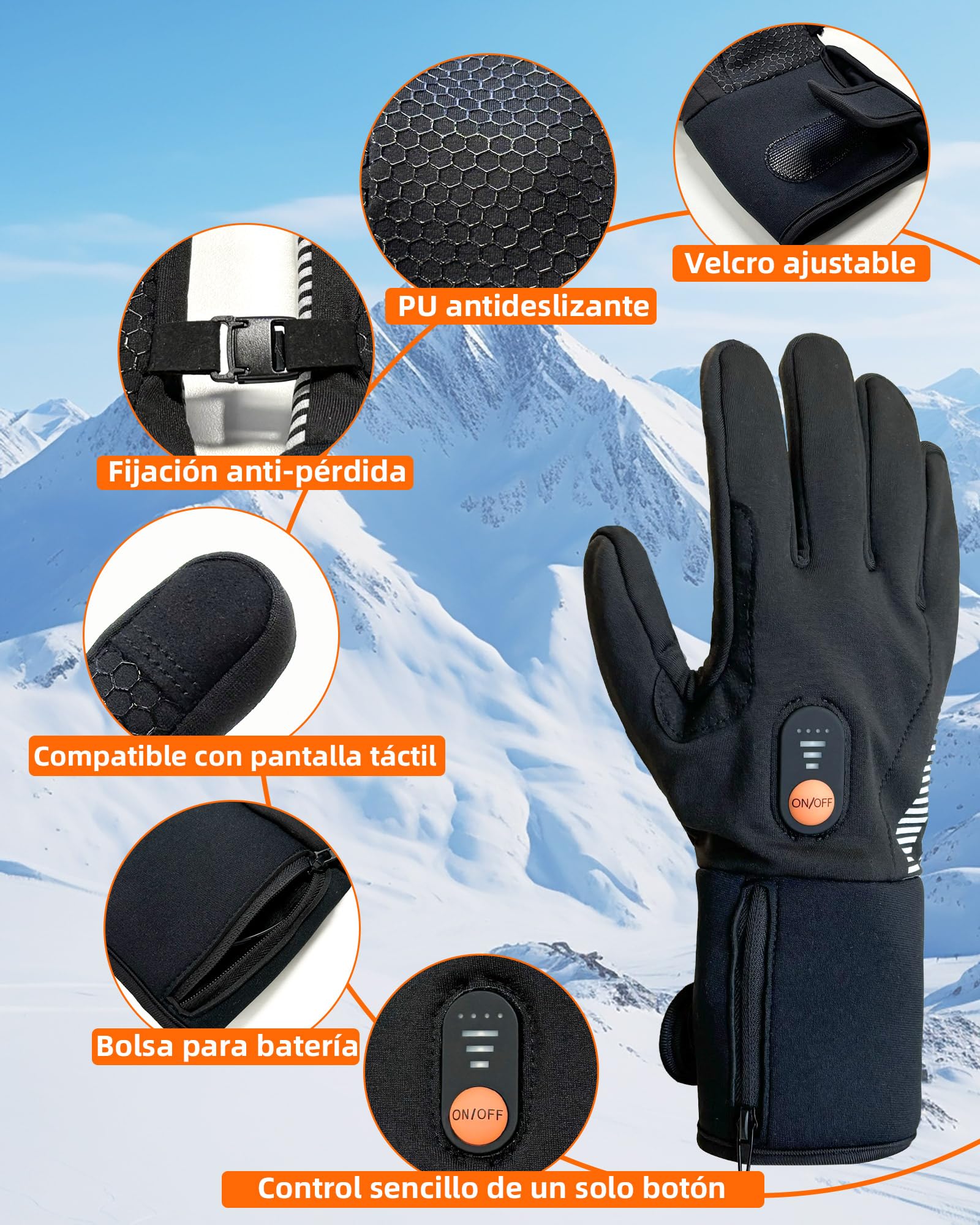 Guantes Invierno Táctiles Cálidos Calentados Impermeables Antideslizantes con Baterías Recargables para Hombre Mujer Ski Snowboard