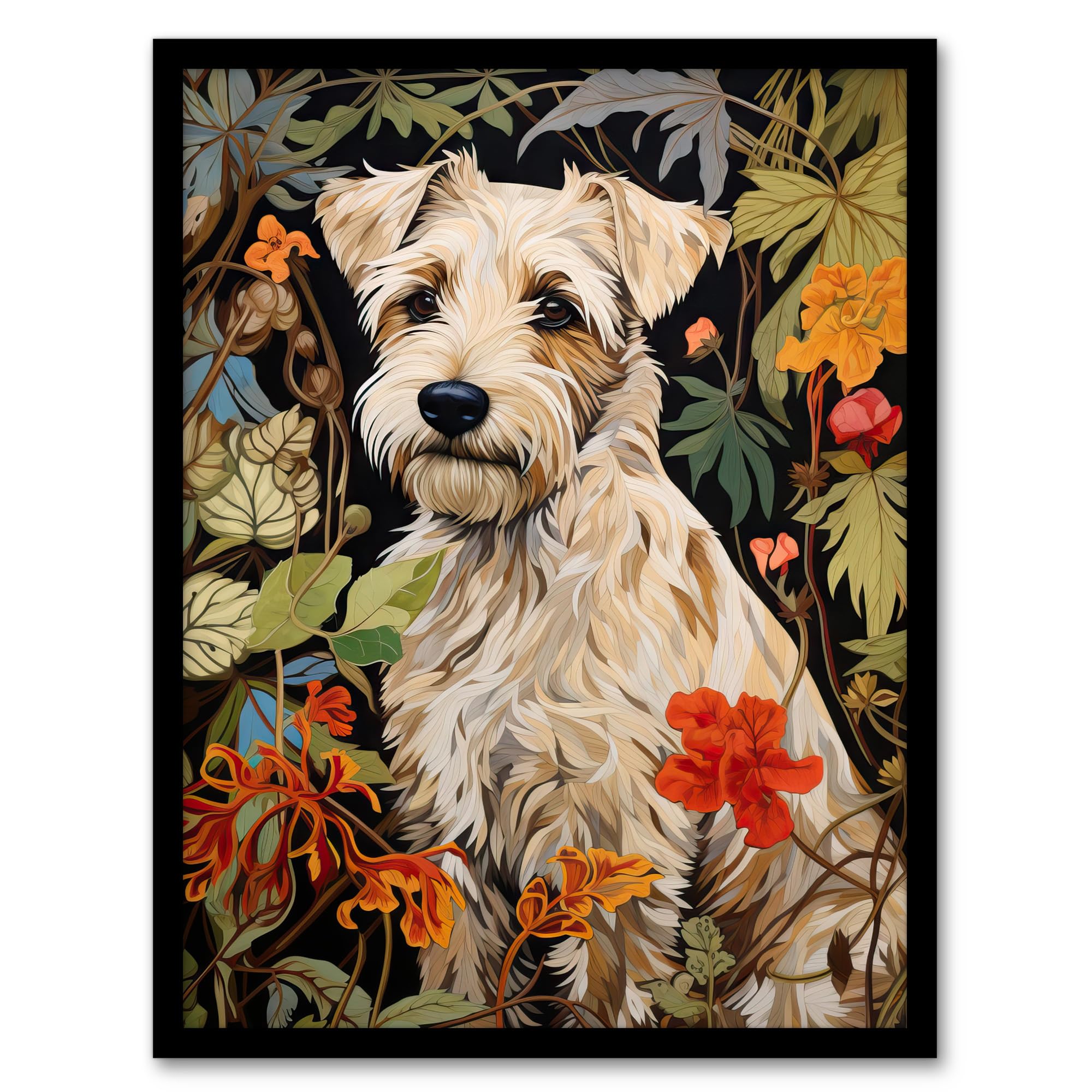 Artery8 White Cream Border Terrier On Elegant Floral Backdrop William Morris Style Jungle Flowers Wall Art PrintA4 Size