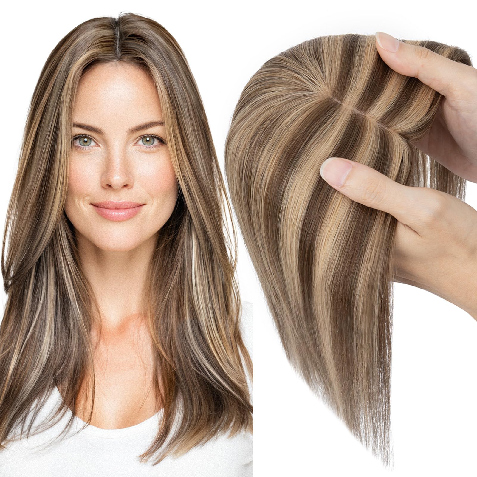 Photo 1 of MY-LADY Human Hair Toppers for Women Real Human Hair Thin 10 * 12CM Silk Base with Lace 130% Density Clip in Remy Hairpieces 18 Inch Medium Brown & Dark Blonde