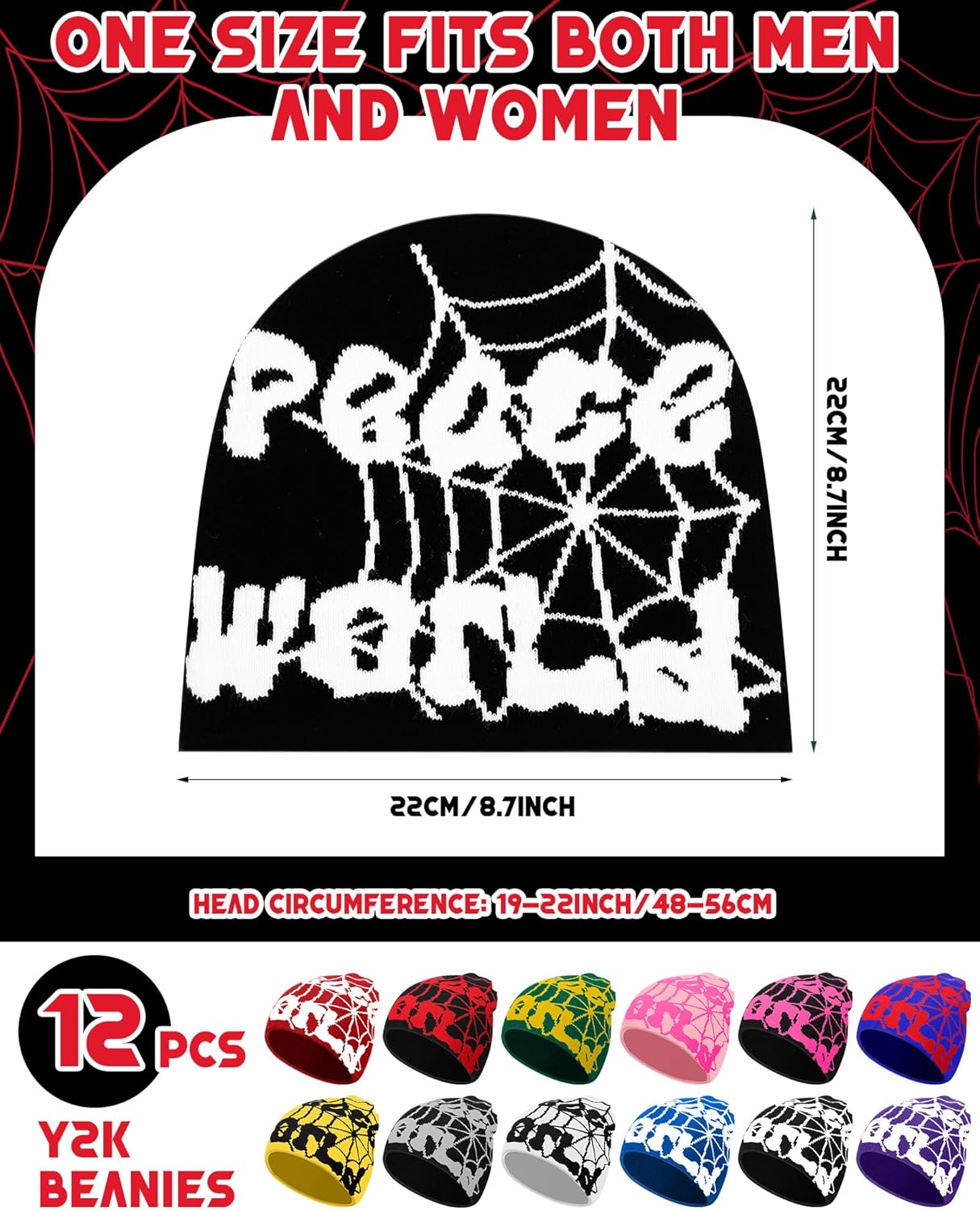 Toulite 12 Pieces Y2K Spider Web Beanie Gothic Graphic Beanies Outdoor Winter Warm Knitted Hat for Men Women - Image 2