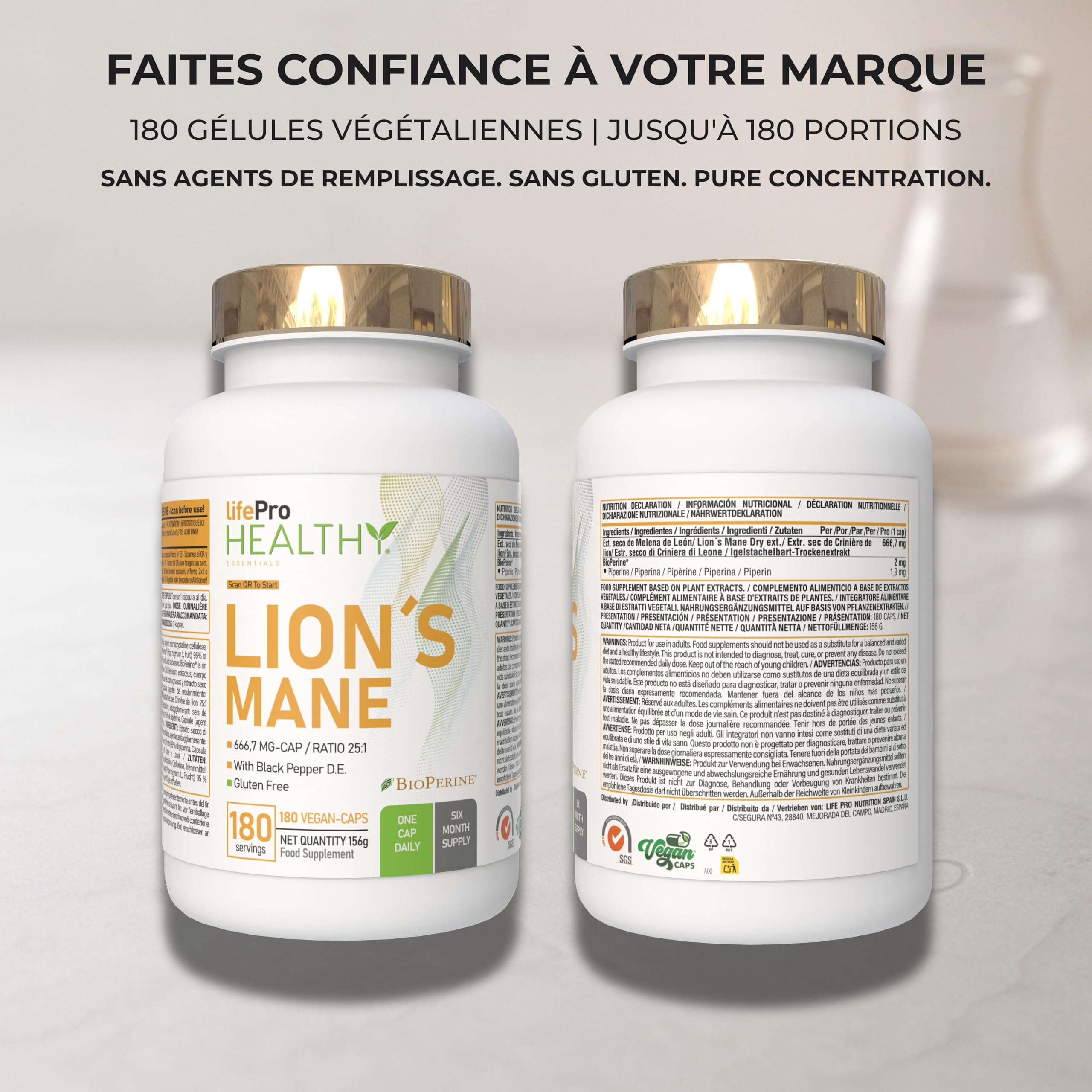 Lions Mane Bio – Gélules Criniere de Lion Haute Puissance 16,000mg – Extrait 25:1 Ultra-Concentré avec BioPerine® – Riche en Polysaccharides & Bêta-Glucanes – 6 Mois – Naturel, Mémoire & Immunité