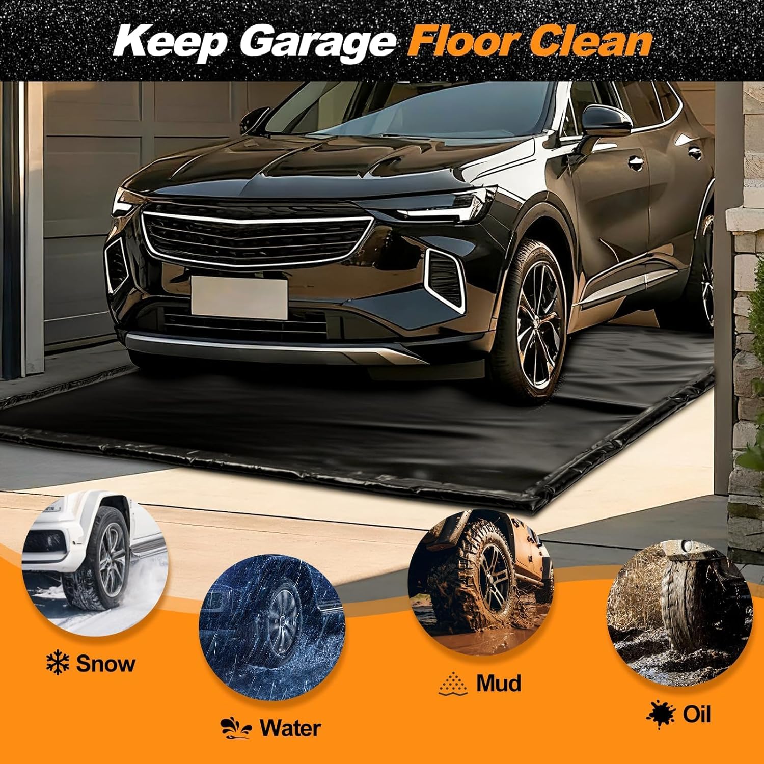 Garagenbodenmatte 2,4×4,9m, Strapazierfähige 1300D PVC-Auffangmatte | mit Bodenabstreifer, Schwarz, Wasserdichter Schutz vor Schnee, Regen und Schlamm für Autos
