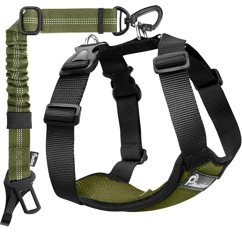 Cinto de Segurança para Cães com Peitoral Ajustável Pawaboo, Nylon, Verde + Preto, Tamanho Grande (Extra Large)