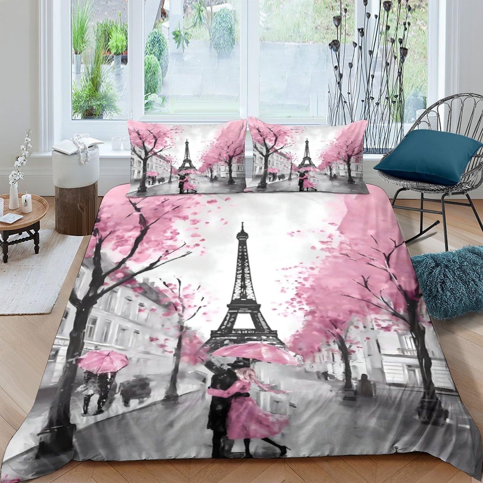 Ctjqhvkz Style-1 3D Printed Paris Eiffel Tower Fitted Sheet Microfiber Pink Blossom Mattress Cover For Bedroom Decor, Dustproof, Easy Care Single（135X200cm）