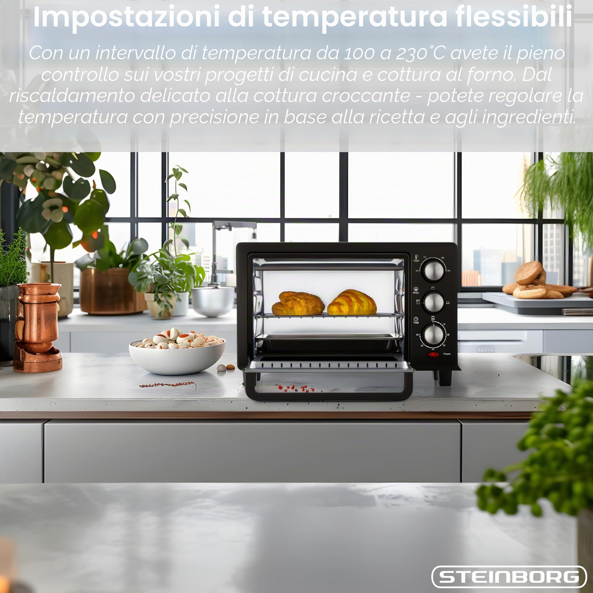 STEInBORG Mini forno 15 litri 3 in 1 forno per pizza calore superiore/inferiore 60 minuti