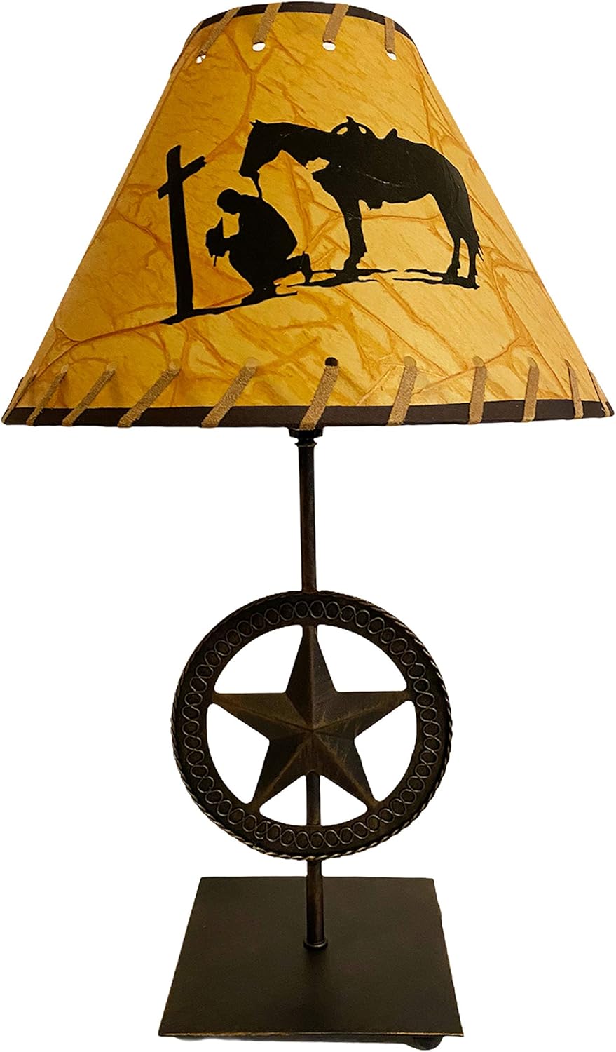 Urbalabs Cowboy Praying with Cross Western Star End Table Lights for Bedrooms, Farmhouse Rustic Table Lamp Decor, Antique Wash Finish 18 Tall No Shade (Western Star Small Table Lamp No Shade)