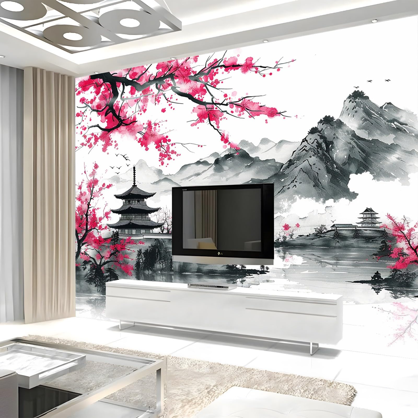 Fotomurales infantiles Flores De Cerezo Japonés Sobre Fondo Blanco. Papel Tapiz 200 x 140 cm Estilo Tradicional De Pintura De Tinta Oriental Fotomurales 3D Tv Fondo Pared Moderno Dormitorio Murales