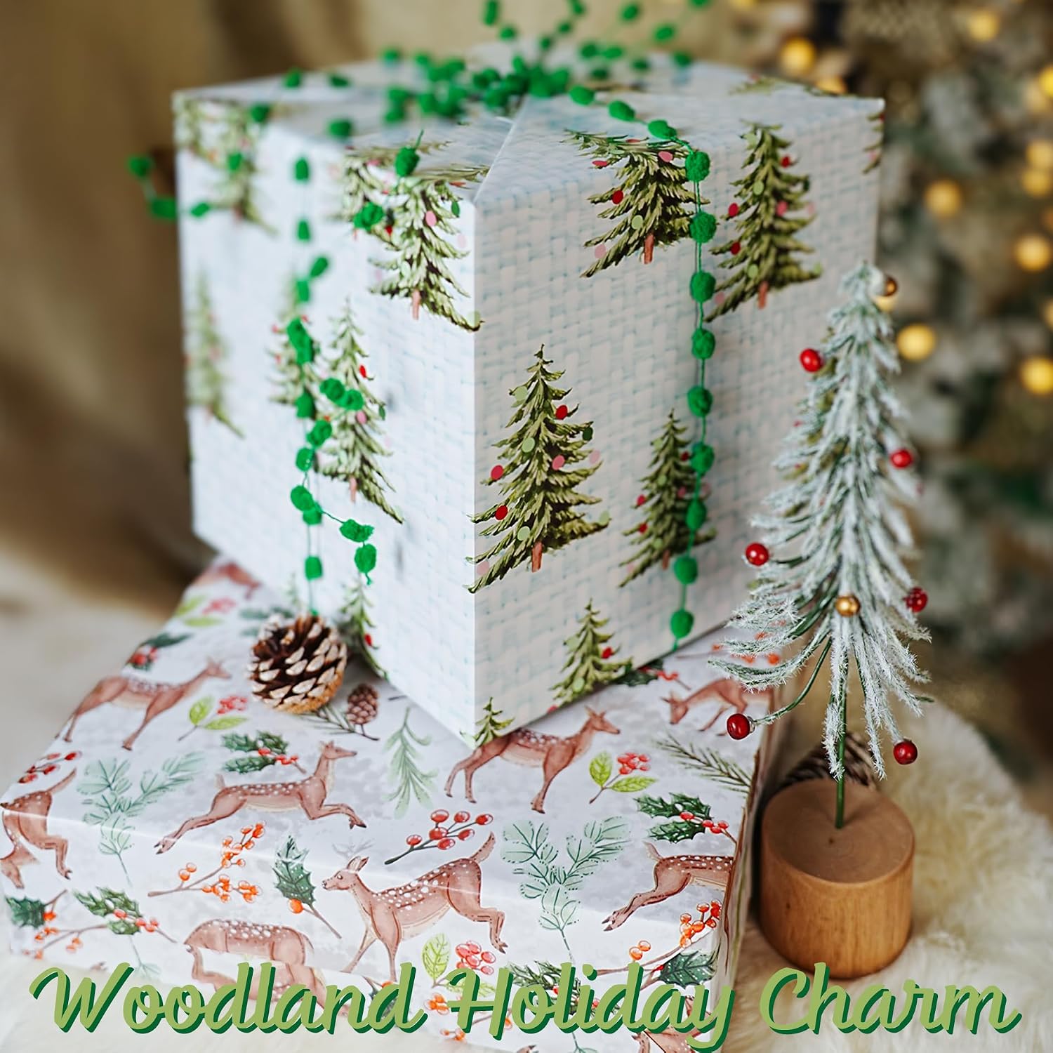 BIOBROWN Reversible Christmas Wrapping Paper - 17 Inch X 33 Feet (46.7 sq. ft. ttl.) - Doe Floral and Tree Design Perfect for Xmas, Party, Holiday Gift Wrap