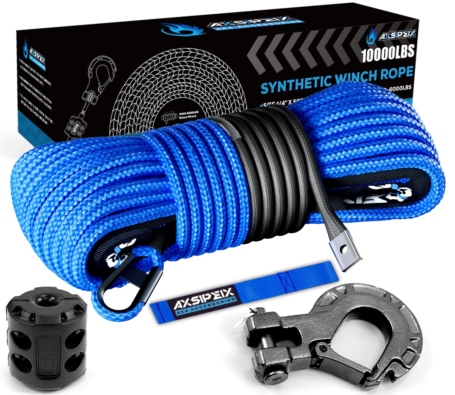 Synthetic Winch Rope Kit, 1/4" x 50ft 10000LBS Blue Winch Cable with Protective Sleeve, Forged Winch Hook, Rubber Stopper and Safety Pull Strap for ATV UTV