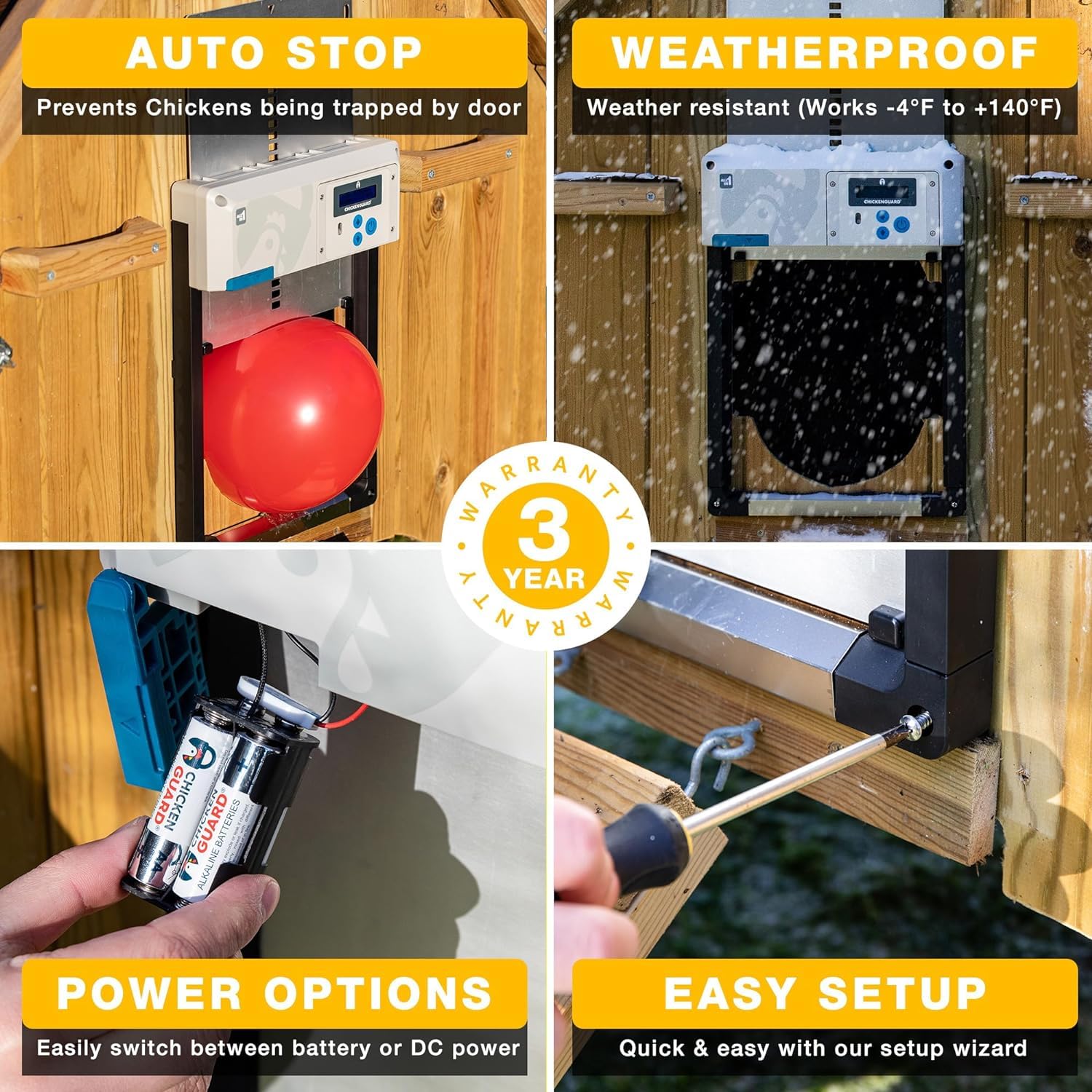 Hühnerklappe Automatisch ChickenGuard All-in-One, Hühnerstalltürfarben in Vier Farben, Timer/Lichtsensor, Auto-Stop, Raubtiersicher, Wintermodus-Power-Boost, Batterien Enthalten (Rot + Batterien)