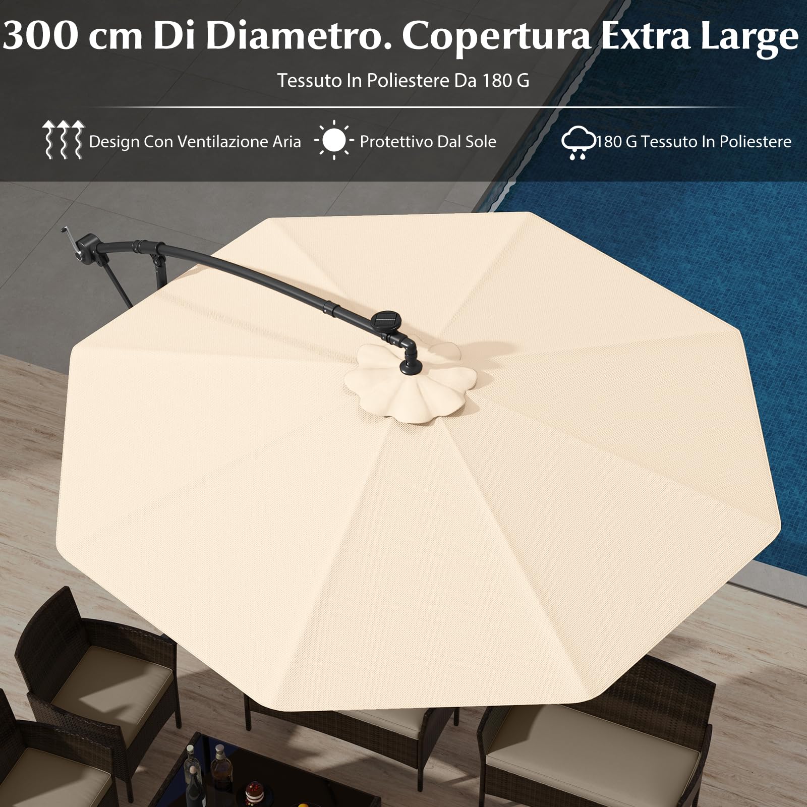 GYMAX Ombrellone da Giardino 3x3 M con 40 Luci LED Solari, Ombrellone da Esterno con 2 Sacco di Sabbia, con Altezza Regolabile, con Manovella, Giardino Patio Terrazzo Caffetteria Ristorante