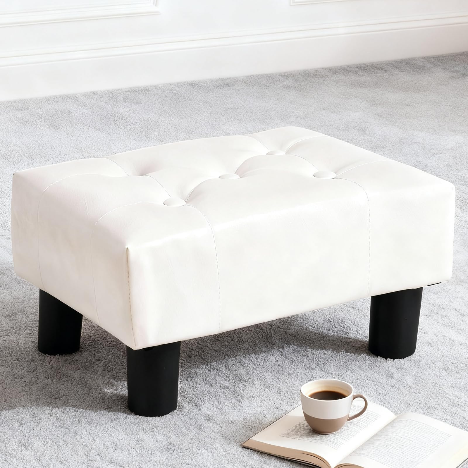 Small Foot Stool Ottoman, Faux Leather Ottoman Foot Rest for Couch, Footstool Ottomans for Living Room (White)-image-33