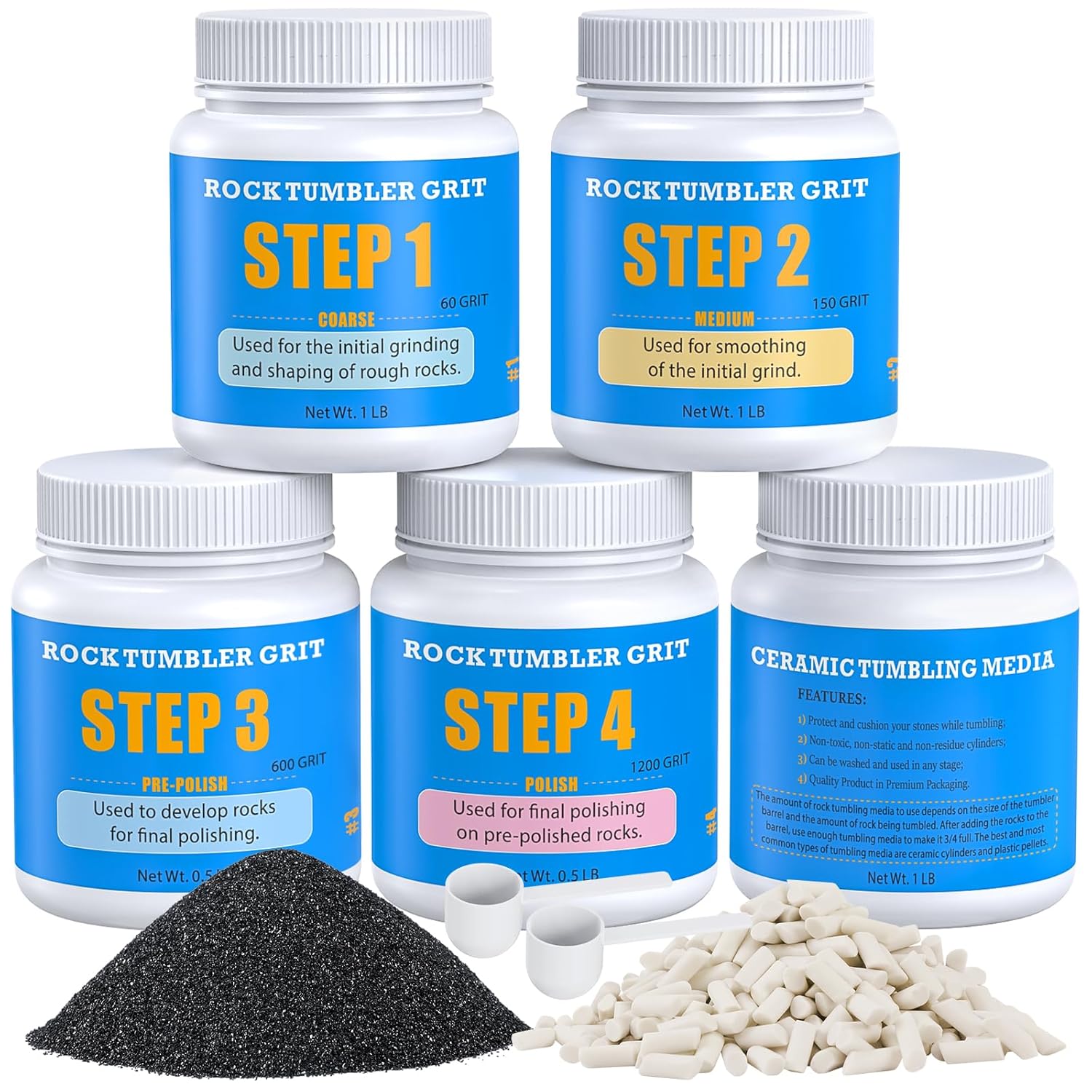Rock Tumbler Grit and Polish Refill Kit - 4 Bags Abrasive Grit, 4-Step Rock Polishing Refill Kit, Compatible with All Tumbler