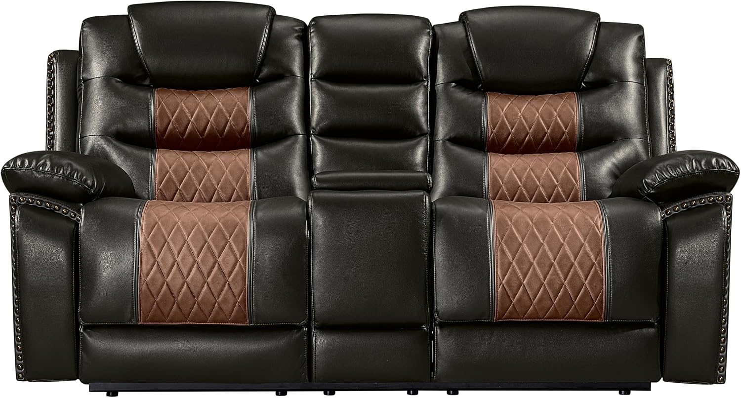 New Classic Furniture Nikko Faux Leather Manual Console Loveseat with Dual Recliners, Brown