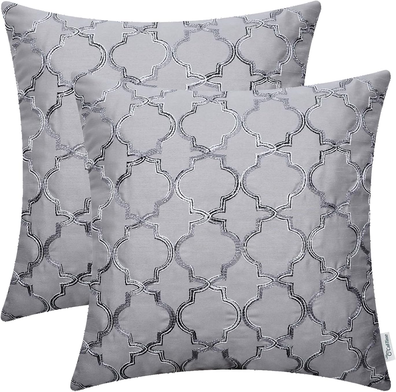 CaliTime Pack of 2 Faux Silk Throw Pillow Covers Cases for Sofa Couch Home Decoration 18 X 18 Inches Gradient Quatrefoil Accent Geometric Chain Embroidered Gray