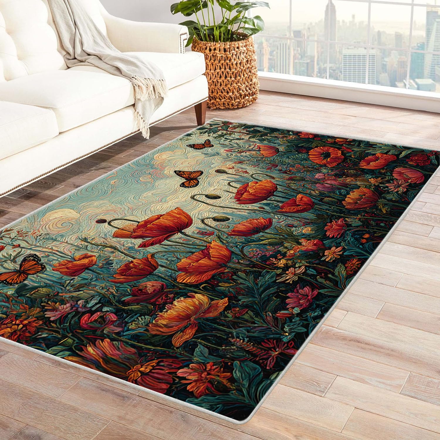 Tapis salon lavable rouge à fleurs vintage avec envers antidérapant
