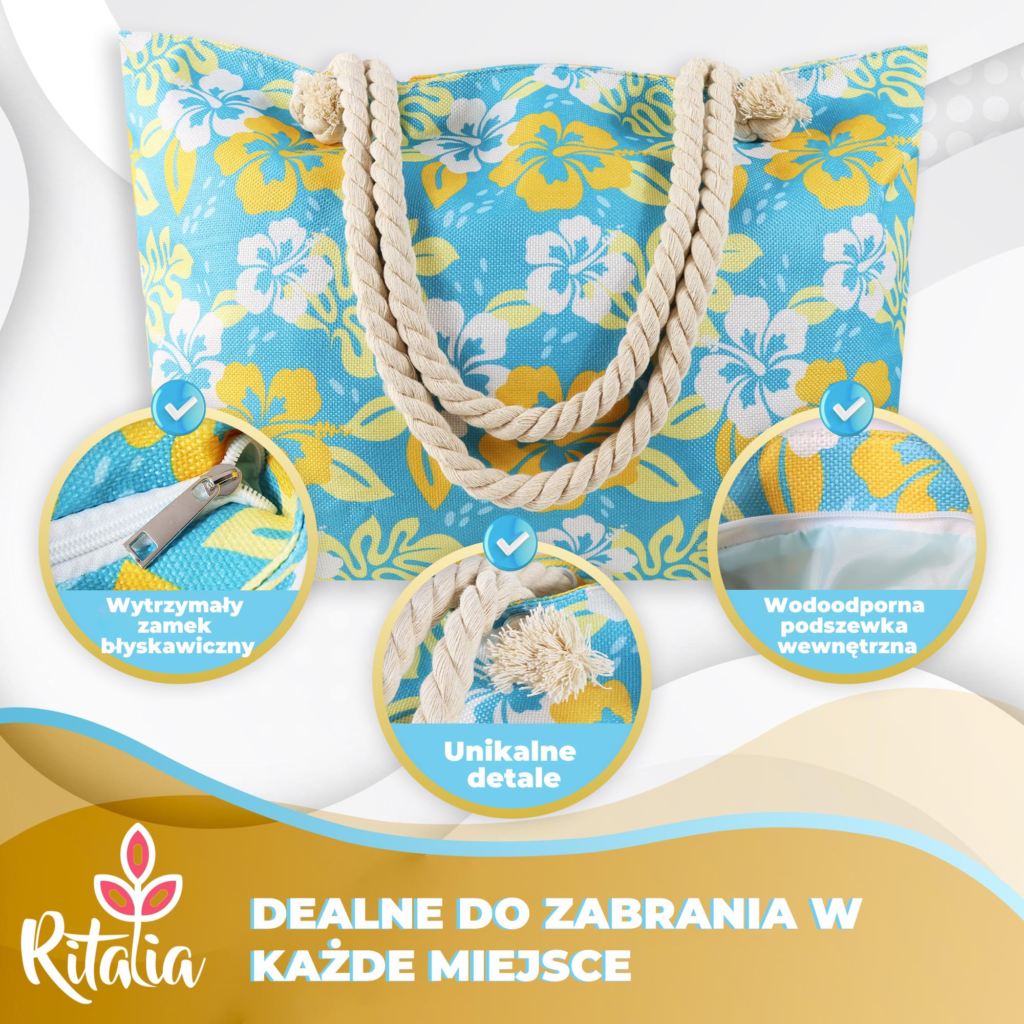 Ritalia® Duża torba plażowa XXL dla rodzin | Damskie torby plażowe i torba na basen | Wodoodporna torba plażowa z zamkiem błyskawicznym | Damski kosz plażowy | Rodzinny worek plażowy