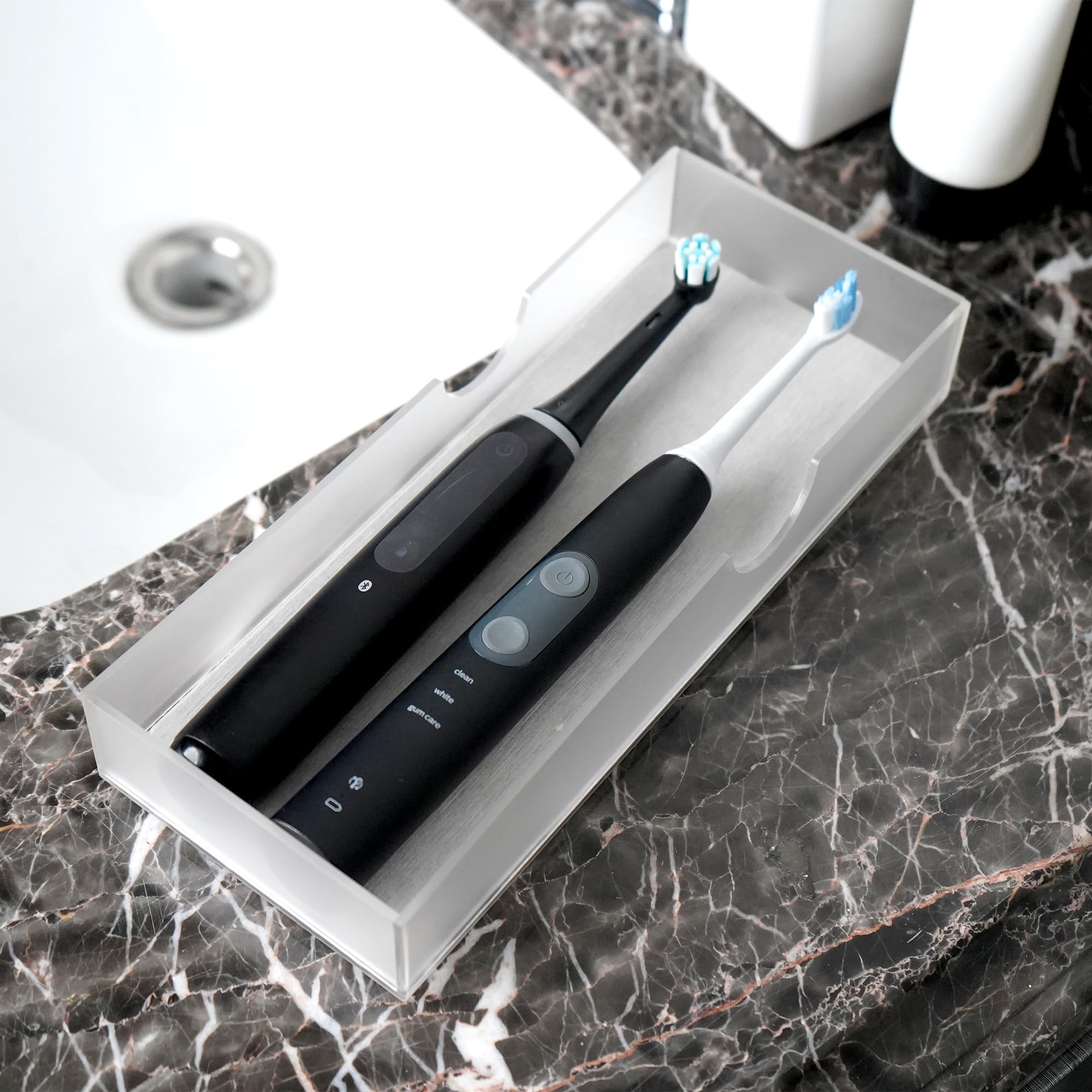 Electric Toothbrush Holder with Diatomite Drying Stone, Bathroom Drawer Organizer with Drainage Hole for Toothbrush Tray, Acrylic Drawer Organizer Bins for Toothbrush, Toothpaste (Frosted Large)