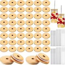 70 mm Bamboo Jar Lids Bulk for Beer Can Glass Including Bamboo Canning Lids for Jars with Straw Hole Reusable Stainless Straw and Straw Brushes for Regular Mouth Jar (108 Pack)