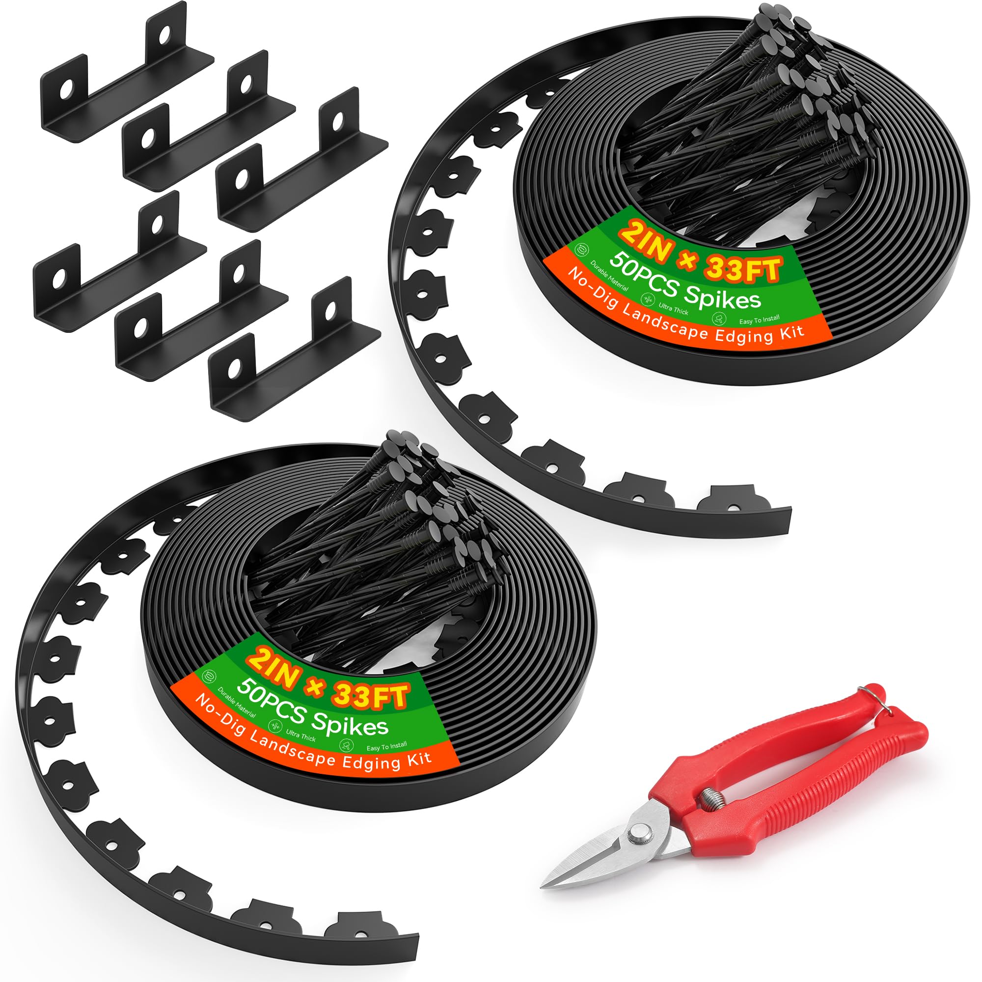 Graxury 2" Tall 66ft No Dig Landscape Edging Border with 100PCS 8" Plastic Spikes & 6 PCS Connectors - Garden Lawn Edging Kit with a Shears for Landscaping, Lawn, Flower Beds and Yard