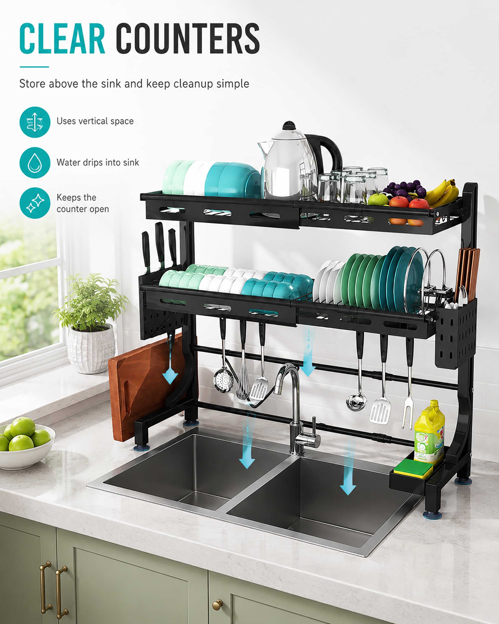 Scolapiatti sopra Lavello Regolabile - Organizer Cucina Salvaspazio in Acciaio Inossidabile - Rastrelliera 2 Livelli per Piatti e Ciotole - 62-97cm