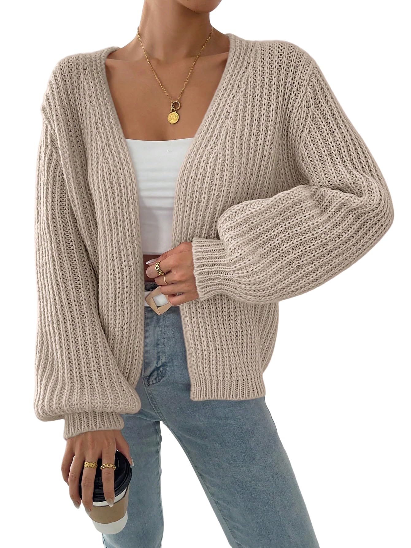 GORGLITTER Gebreid damesvest, elegant, kort, open voorkant, gebreide trui, drop-shoulder, cardigans, pullover, herfstoutfit, abrikooskleur, L