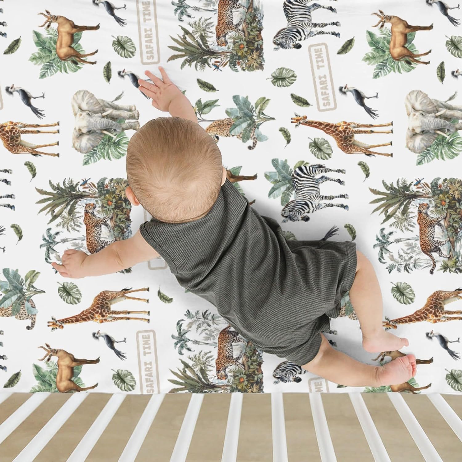 Safari Animal Adventure Baby Crib Sheets for Boy Girl 52x28 Elephant Leopard Giraffe Zebra Tropical Leaves Soft Snug Fitted Crib Mattress Cover African Baby Sheet for Standard Crib & Toddler Mattress