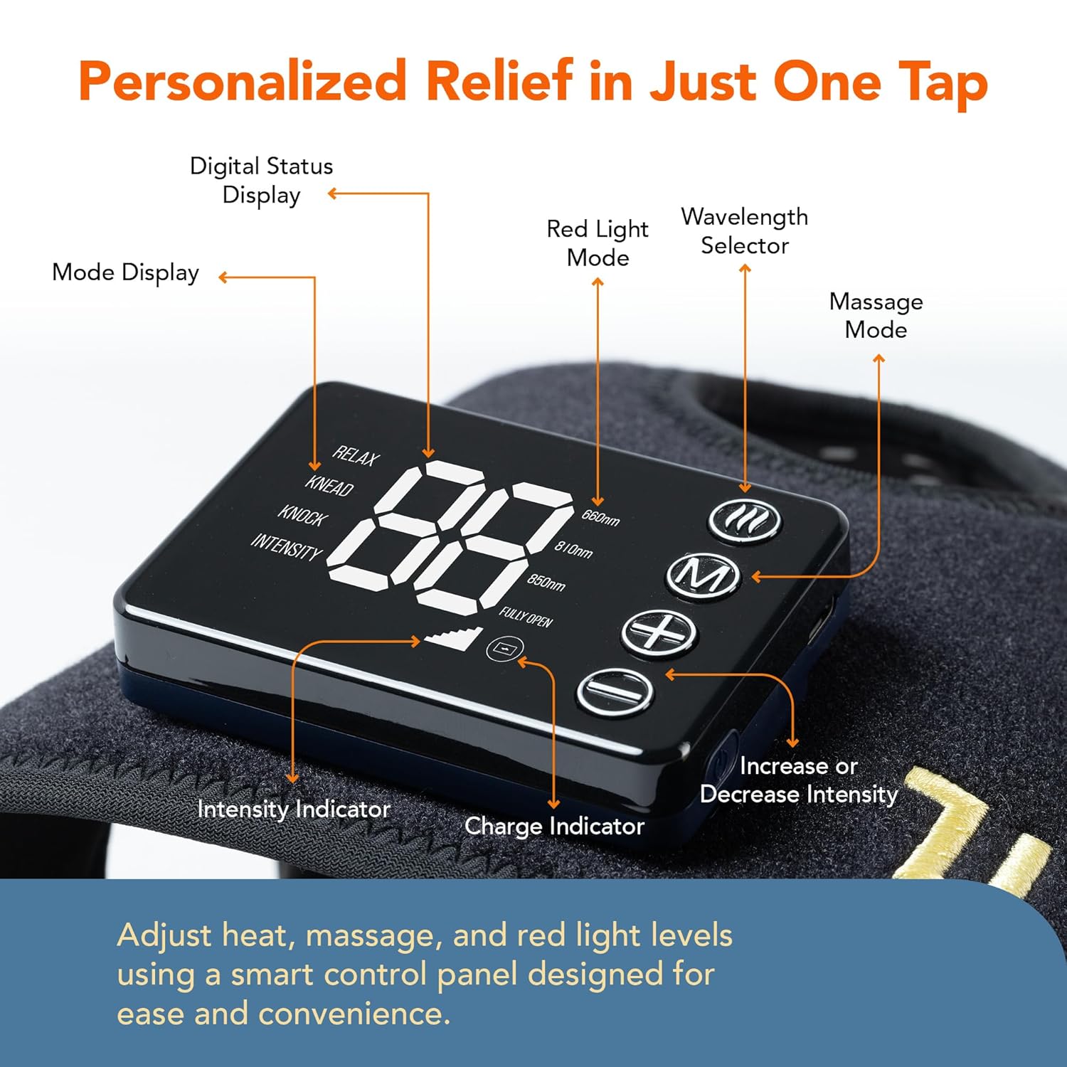 Man sitting on a track wearing the ThermoLife knee massager, illustrating its wireless design and portability.