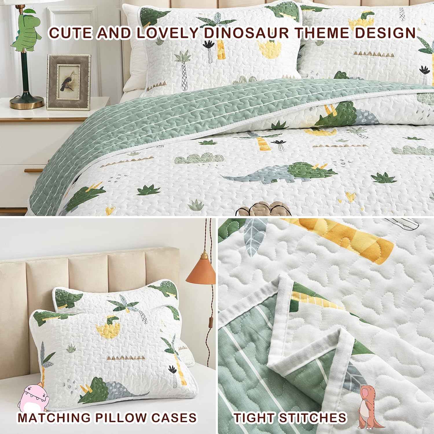Joyreap 2-Piece Cotton Quilt Set Twin, Dinosaur Theme Green Color Design for Kids Boys n Girls, Smooth Soft Quilt Bedspread Bed Cover for All Season, 1 Quilt and 1 Pillow Sham- 68x86 inches - Image 5