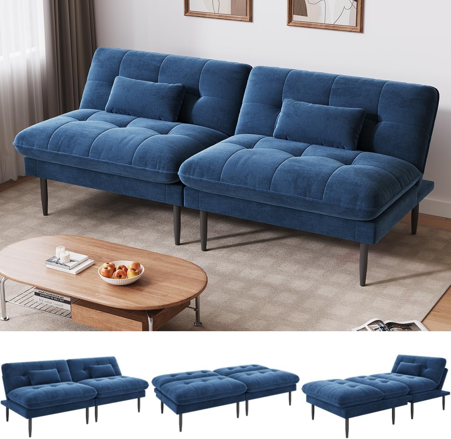 70 inch Convertible Futon Sofa Bed, Velvet Sleeper Sofa with Adjustable Backrest, Thick Fill and Convertible Modules, 4 in 1 Loveseat Couch for Living Room, Blue