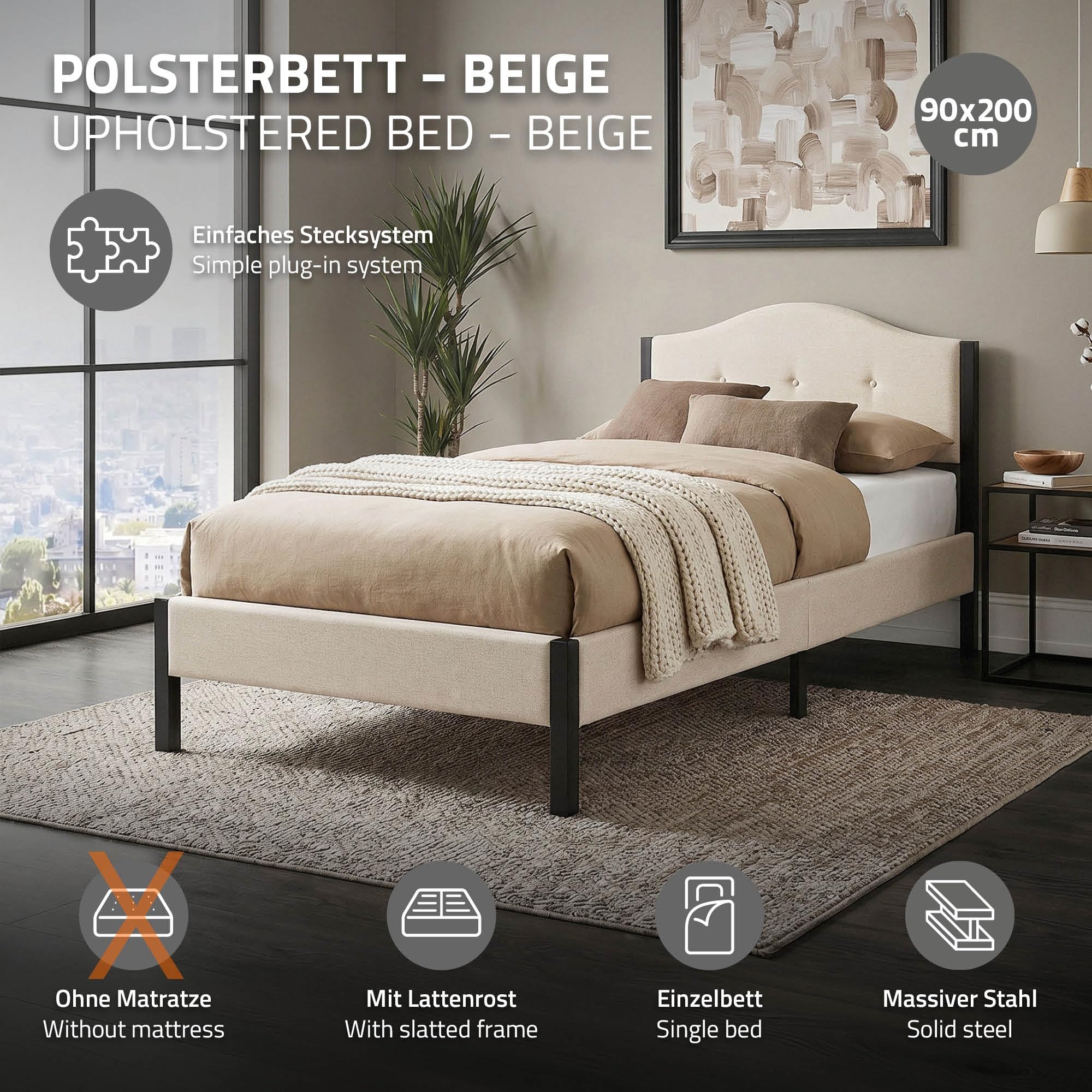 ML-Design Letto 90x200 cm, Giroletto Singolo, Struttura Robusta, Testiera Imbottita e Rete a Doghe, Telaio in Acciaio e Tessuto di Lino, Beige, Spazio di Archiviazione Sotto il Letto, per Cameretta