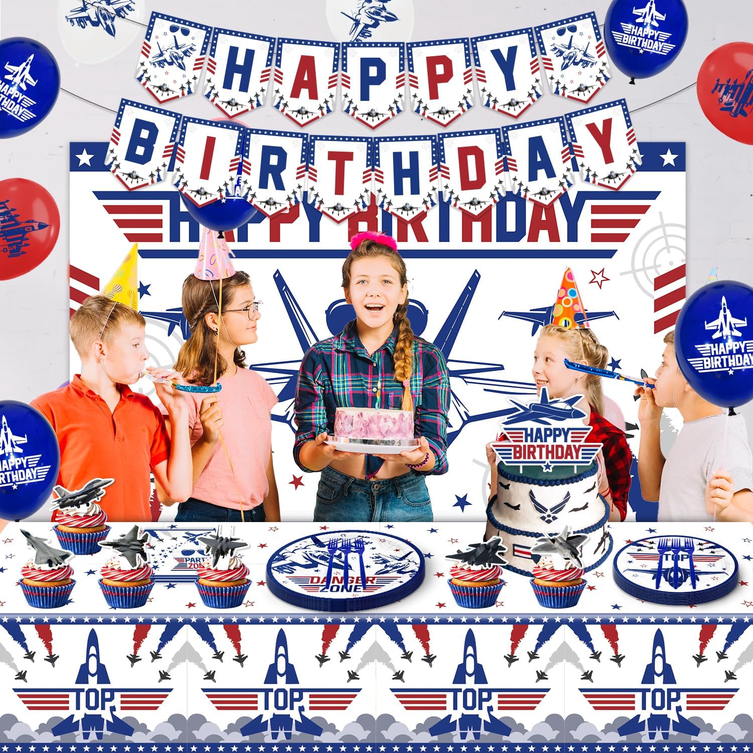 Air Force Birthday Decorations Top Fighter Jet Party Decorations Airplane Gun Birthday Party Decorations Include Balloons,Backdrop,Banner, Cake Toppers，Tableware, Tablecloth