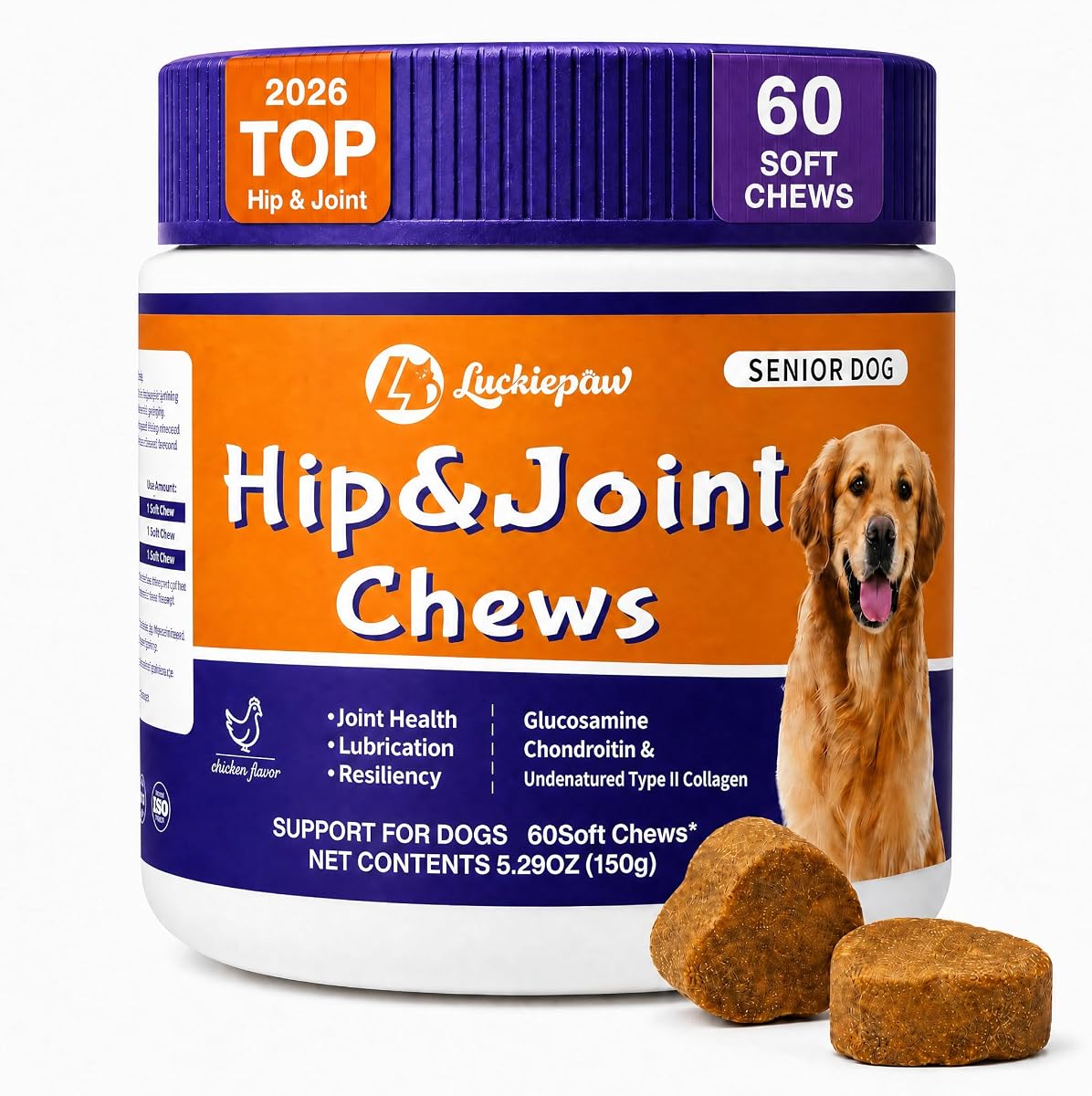 Suplemento de Cadera y Articulaciones para Perros Mayores Mastica Glucosamina ASU 60 Ct | Colágeno Tipo II No Desnaturalizado 12 en 1 para Mascotas Mayores; Sabor a Pollo Salmón, Apoyo a la Movilidad y Rutina de Bienestar del Cartílago