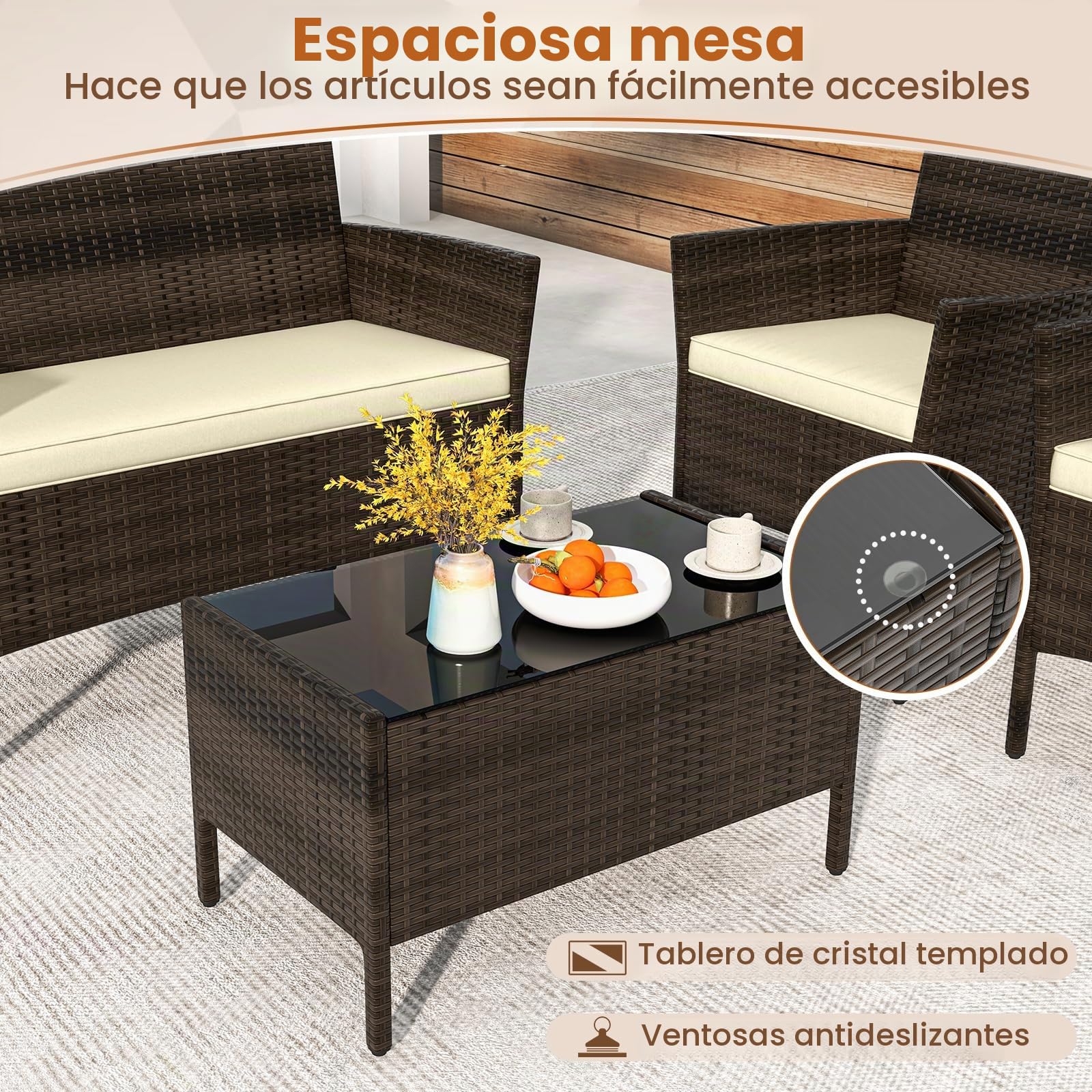 SOARS Juego de salón de jardín de 4 piezas, muebles de jardín con cojines, sofá de 2 plazas, 2 sillones de ratán PE, mesa baja de cristal, muebles de exterior para terraza, balcón (marrón+marrón)