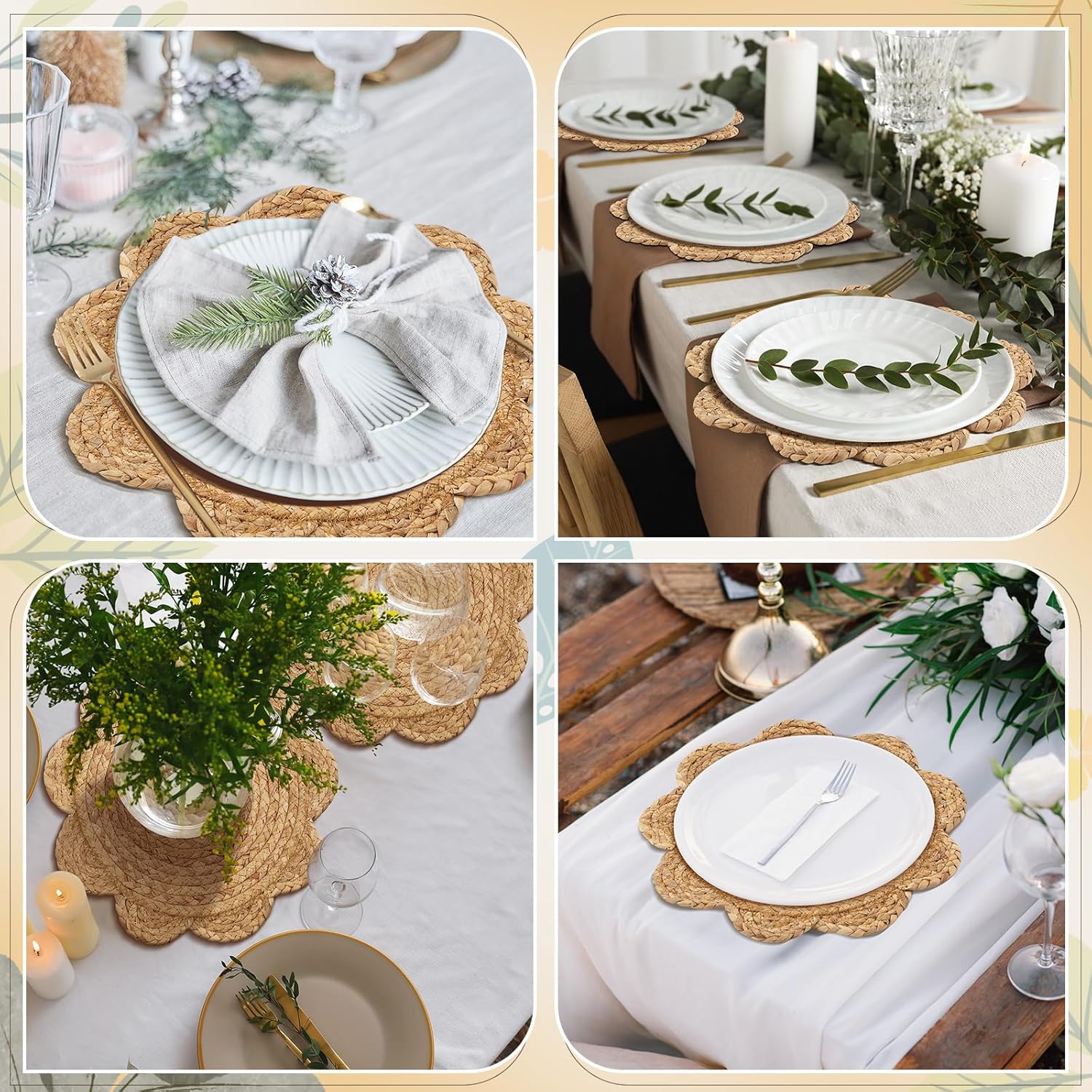 6 Set 13.8 Inch Round Woven Rattan Placemats Plate Chargers, Scalloped Edge Rattan Place Mats, Boho Farmhouse Braided Straw Table Mats House Warming Gift Dining Table Decor, Party, Events