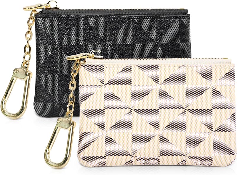 2PCS Coin Purse Mini Zip Key Chain Pouch Change Wallet Coin Pocket for Women Credit Card ID Key Headset Lipstick Organizer(Black+White)