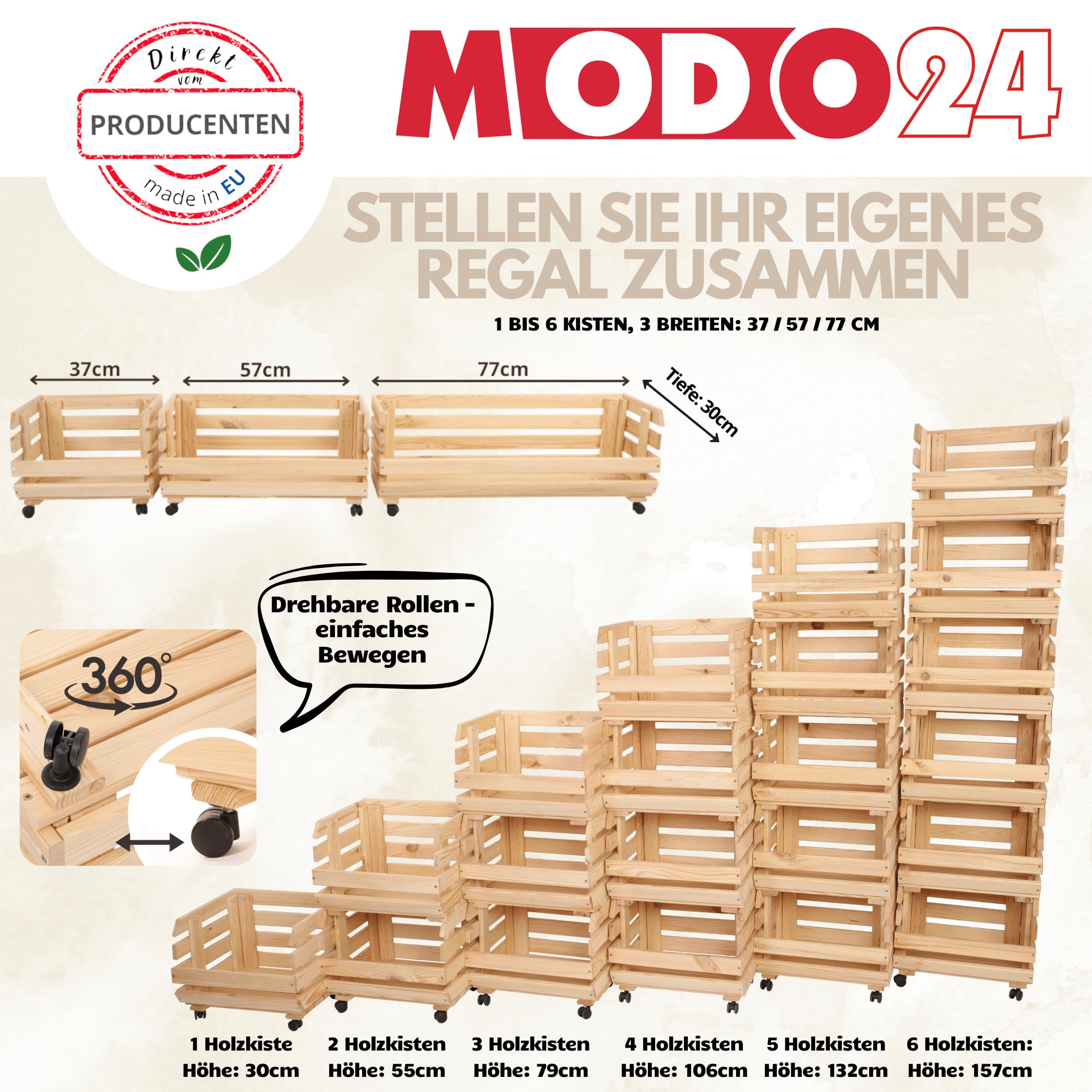 Modular Holzregal für Gemüse & Obst auf Rollen, Stapelbares Regalsystem aus Kiefernholz, 5 Holzkisten, Kartoffelsteige, Küchenregal, Vorratsregal, Gemüseregal, Abm. 132x37x30 cm, Fargbe: Grau