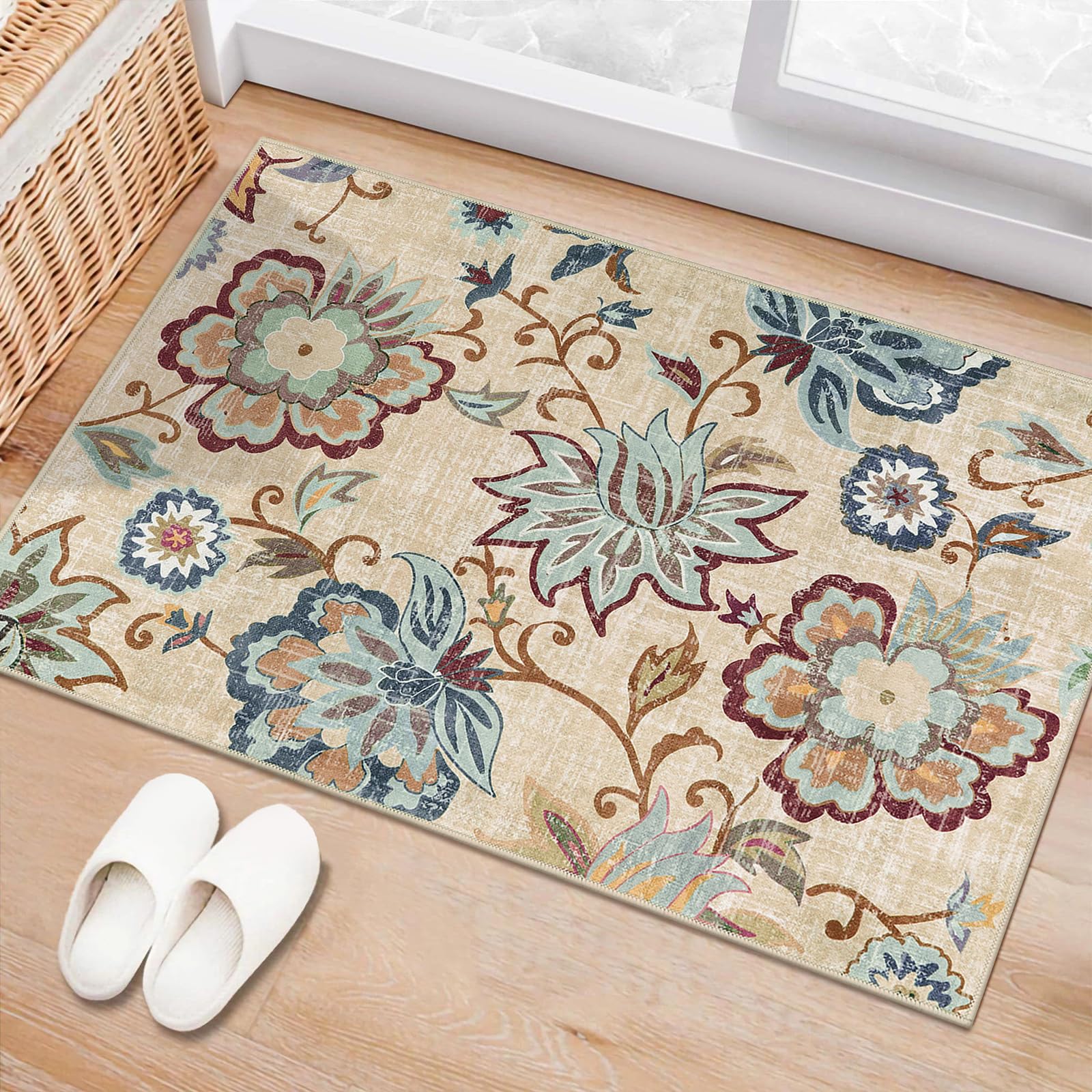 Beeiva Floral Rugs for Entryway 2x3, Paisley Washable Entryway Rug Non Slip Ultra Thin, No Skid Throw Door Mat Indoor Entrance Small Carpet for